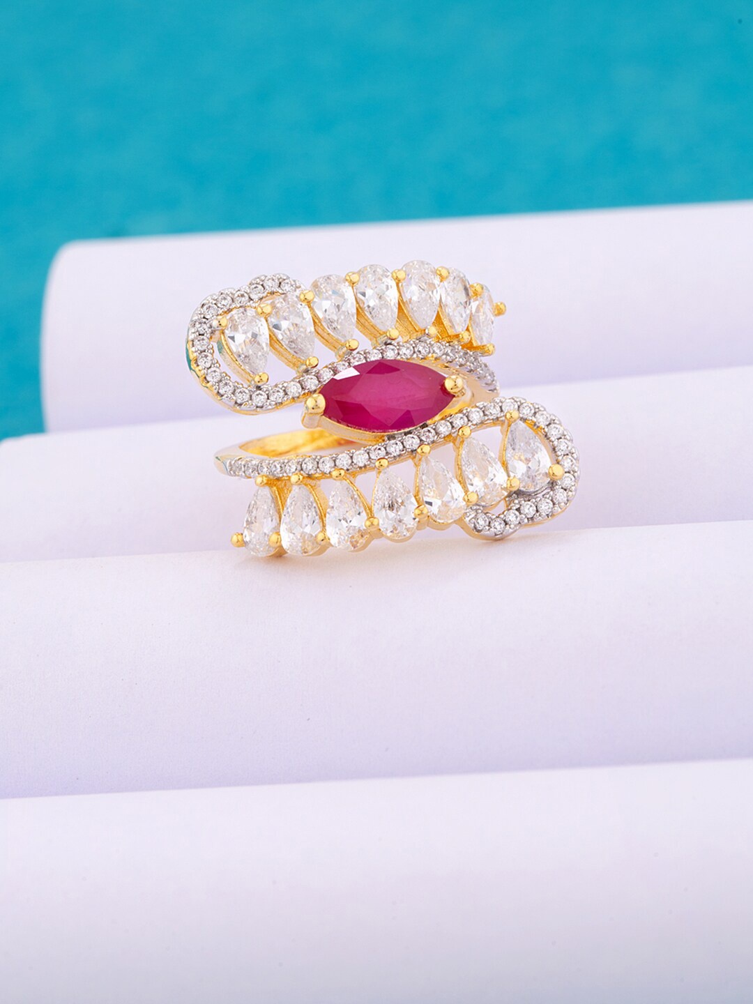 

Voylla Women Gold-Plated Red & White CZ Stone Studded Finger Ring