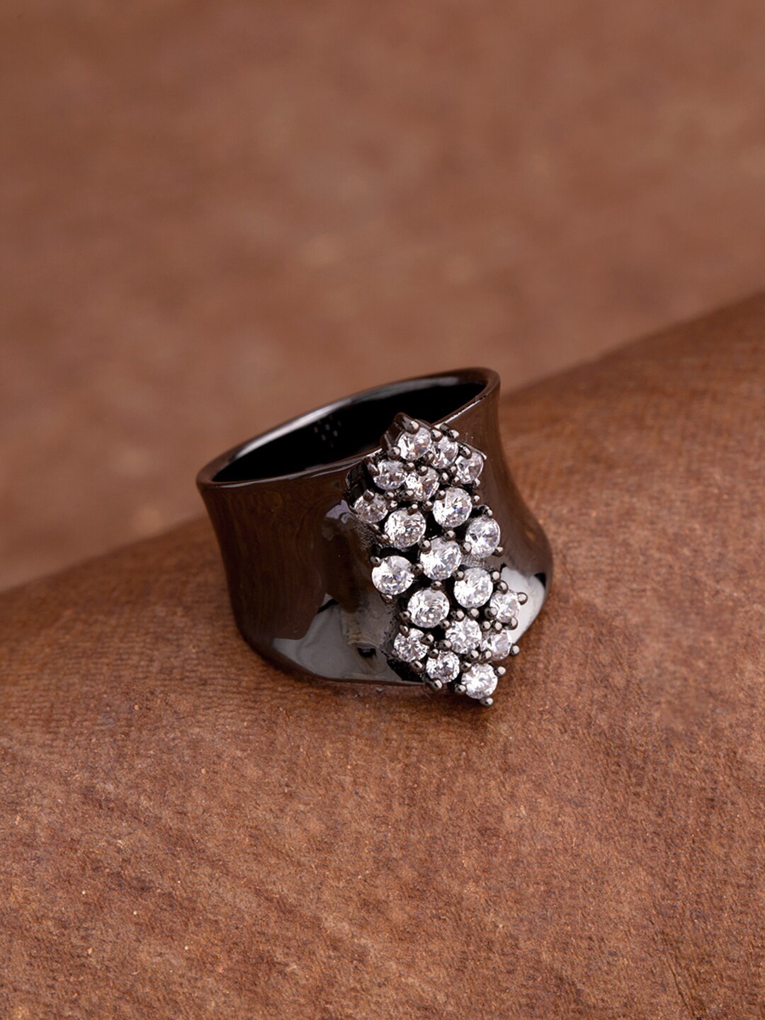 

Voylla Women Black Rhodium-Plated White Cz Stone-Studded Finger Ring, Silver