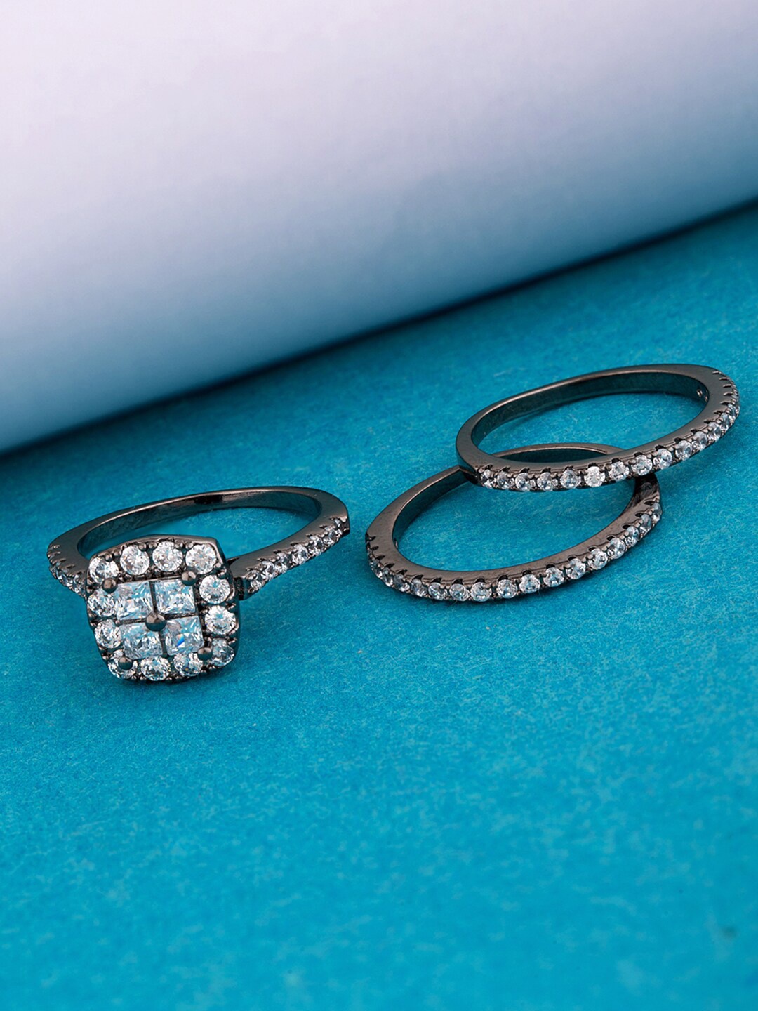 

Voylla Women Black Set of 3 Rhodium Plated CZ Gemstone Studded Finger Rings