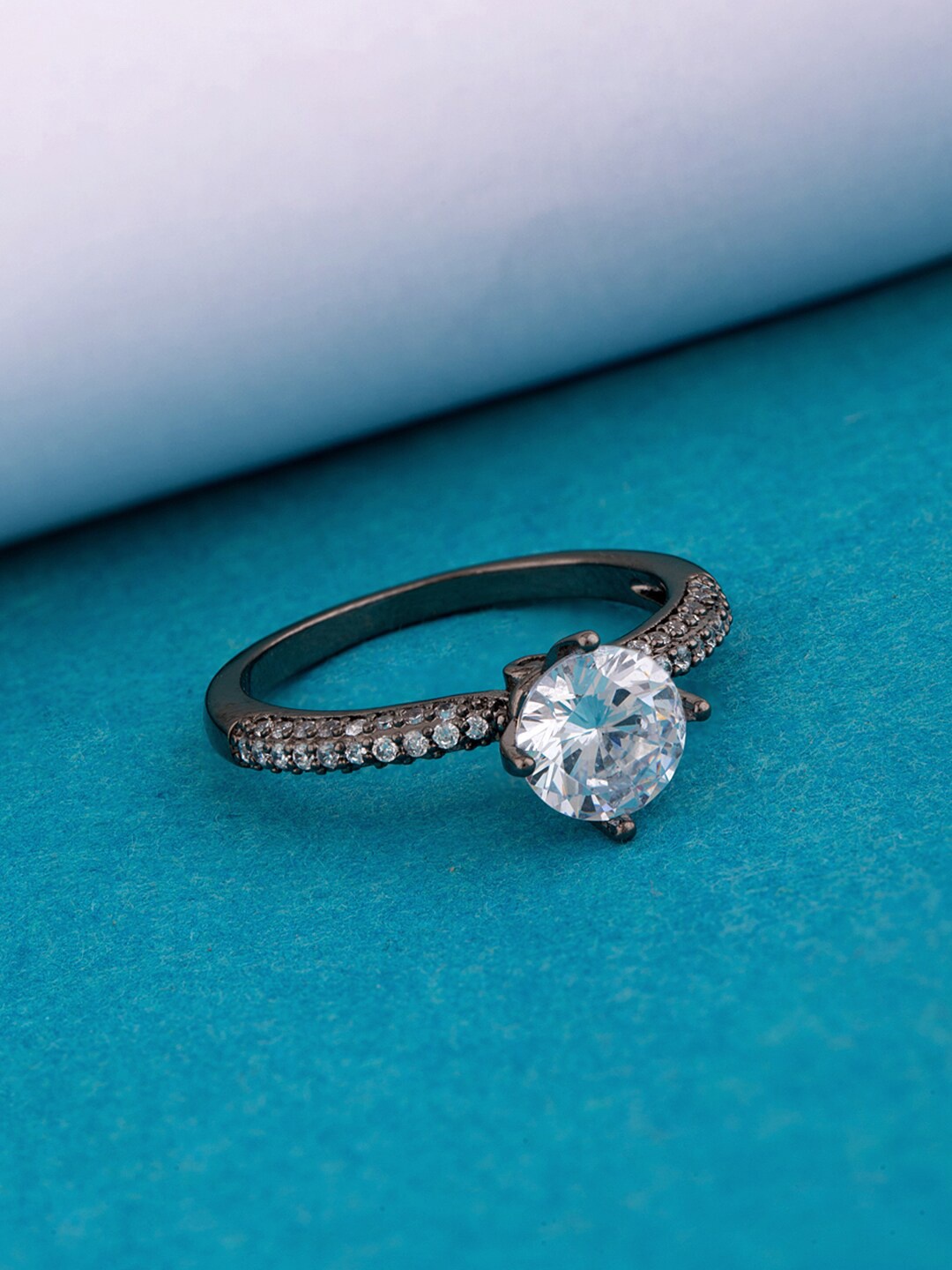 

Voylla Women Rhodium-Plated Silver-Toned & Black CZ Stone-studded Finger Ring