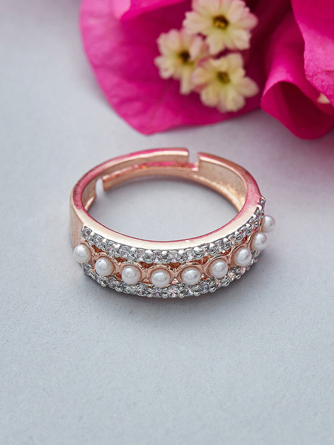 

Voylla Women Rose Gold-Plated Pearl & CZ Studded Adjustable Band Ring