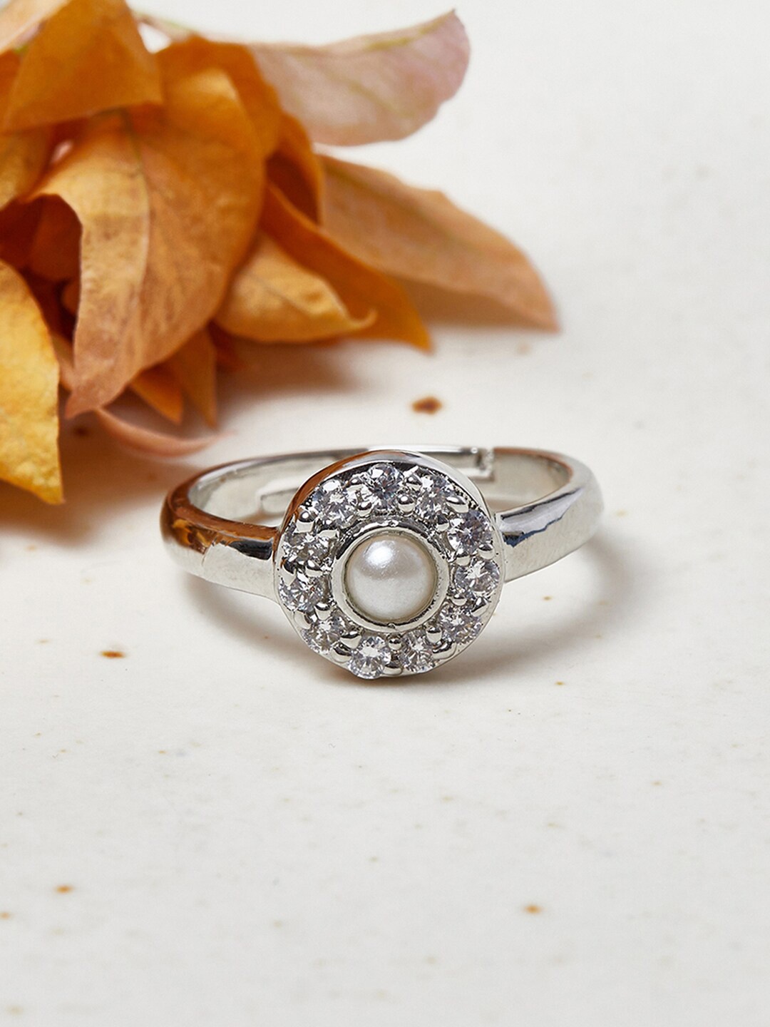 

Voylla Rhodium-Plated White CZ Studded & Pearls Beaded Finger Ring, Silver