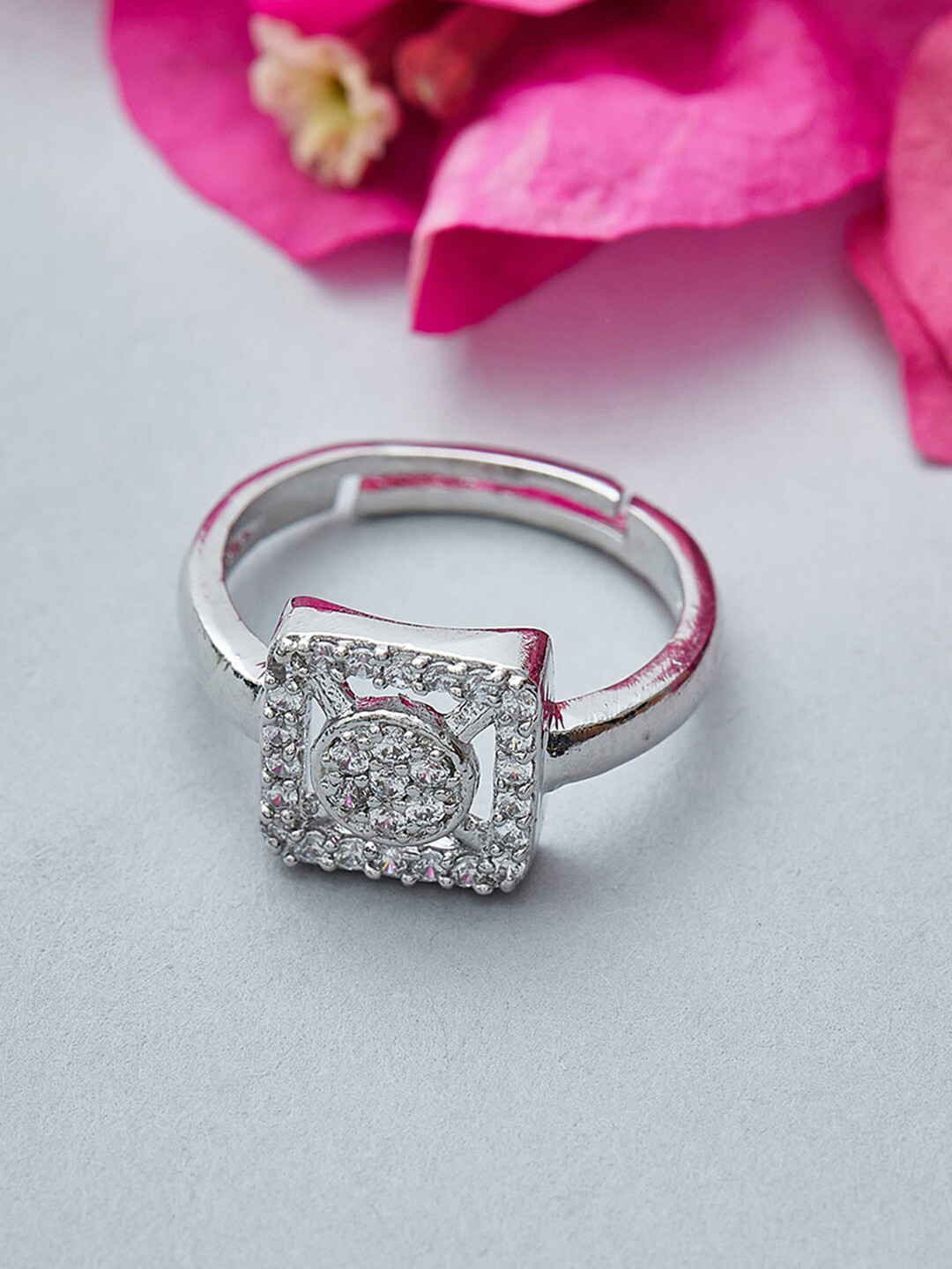 

Voylla Rhodium-Plated Silver-Toned White CZ Studded Adjustable Finger Ring