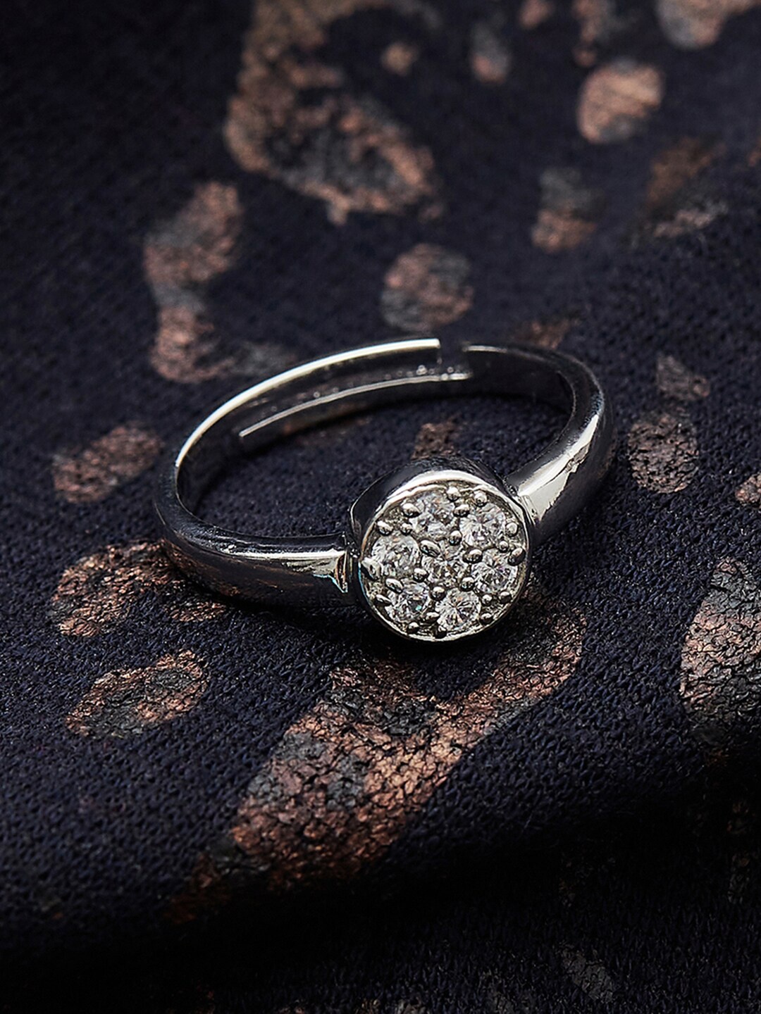 

Voylla Women Rhodium-Plated Silver-Toned White Stone-Studded Adjustable Finger Ring