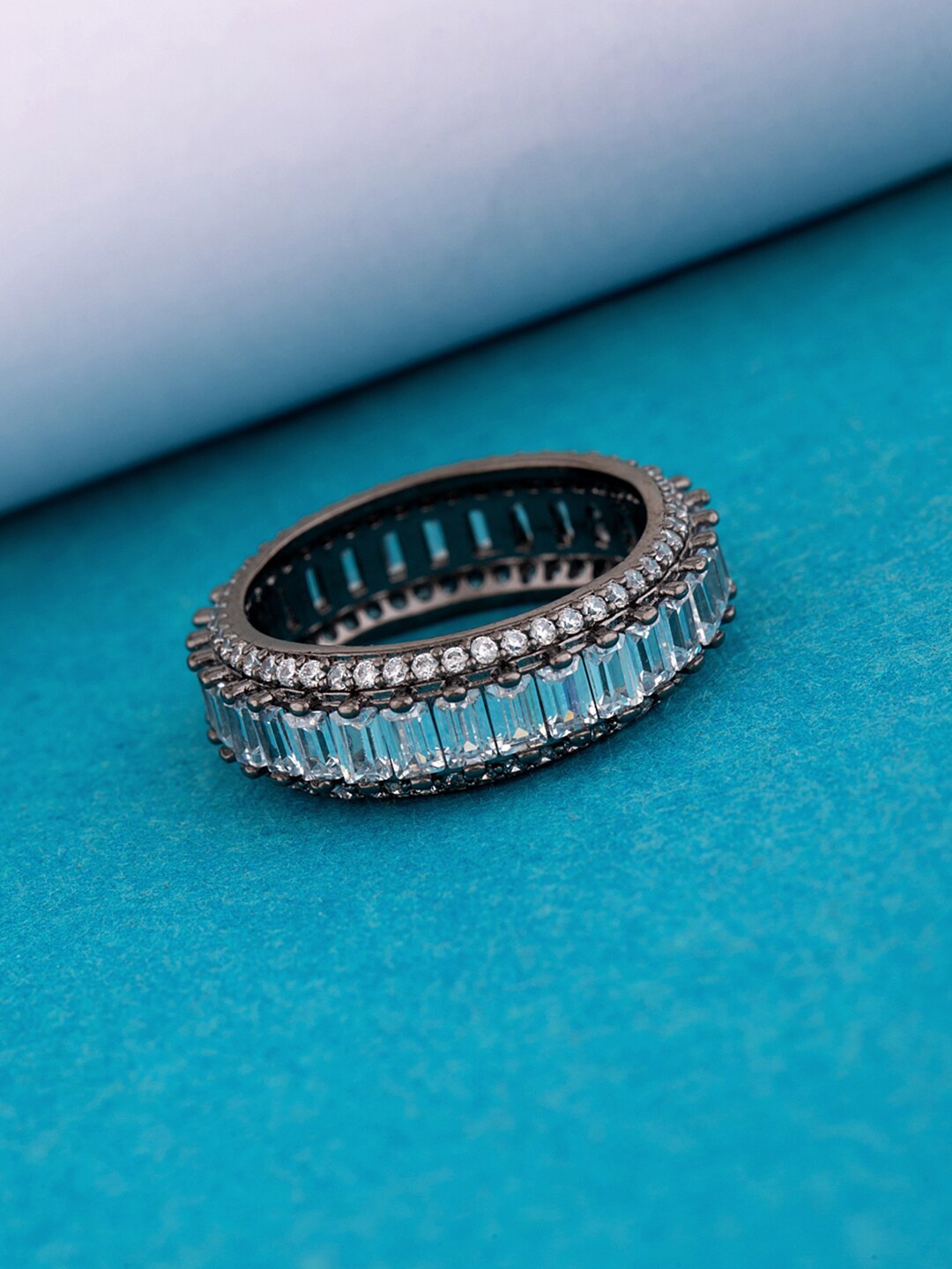 

Voylla Women Rhodium-Plated Silver-Toned White Stone Studded Finger Ring