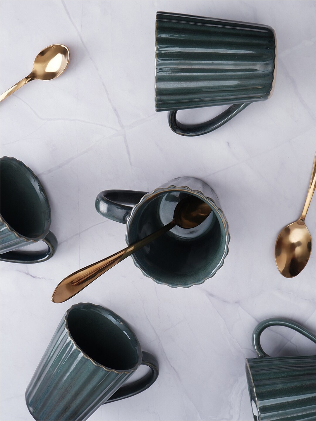 

THE WHITE INK DECOR Crockery Green Set of 6 Textured Ceramic Glossy Cups 300ml