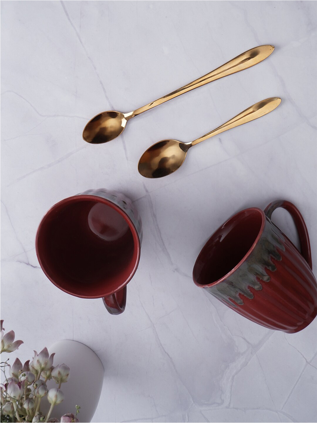 

THE WHITE INK DECOR Crockery Red & Grey Set of 6 Textured Ceramic Glossy Cups 300ml