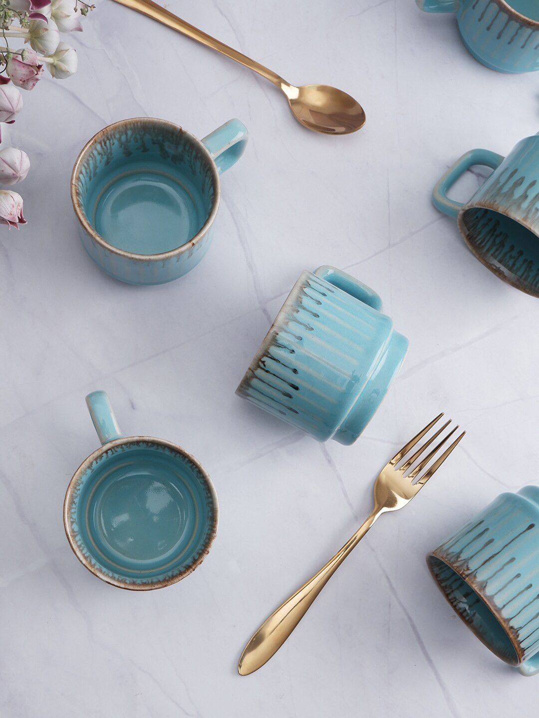 

THE WHITE INK DECOR Crockery Blue Set of 6 Textured Ceramic Glossy Cups 200ml