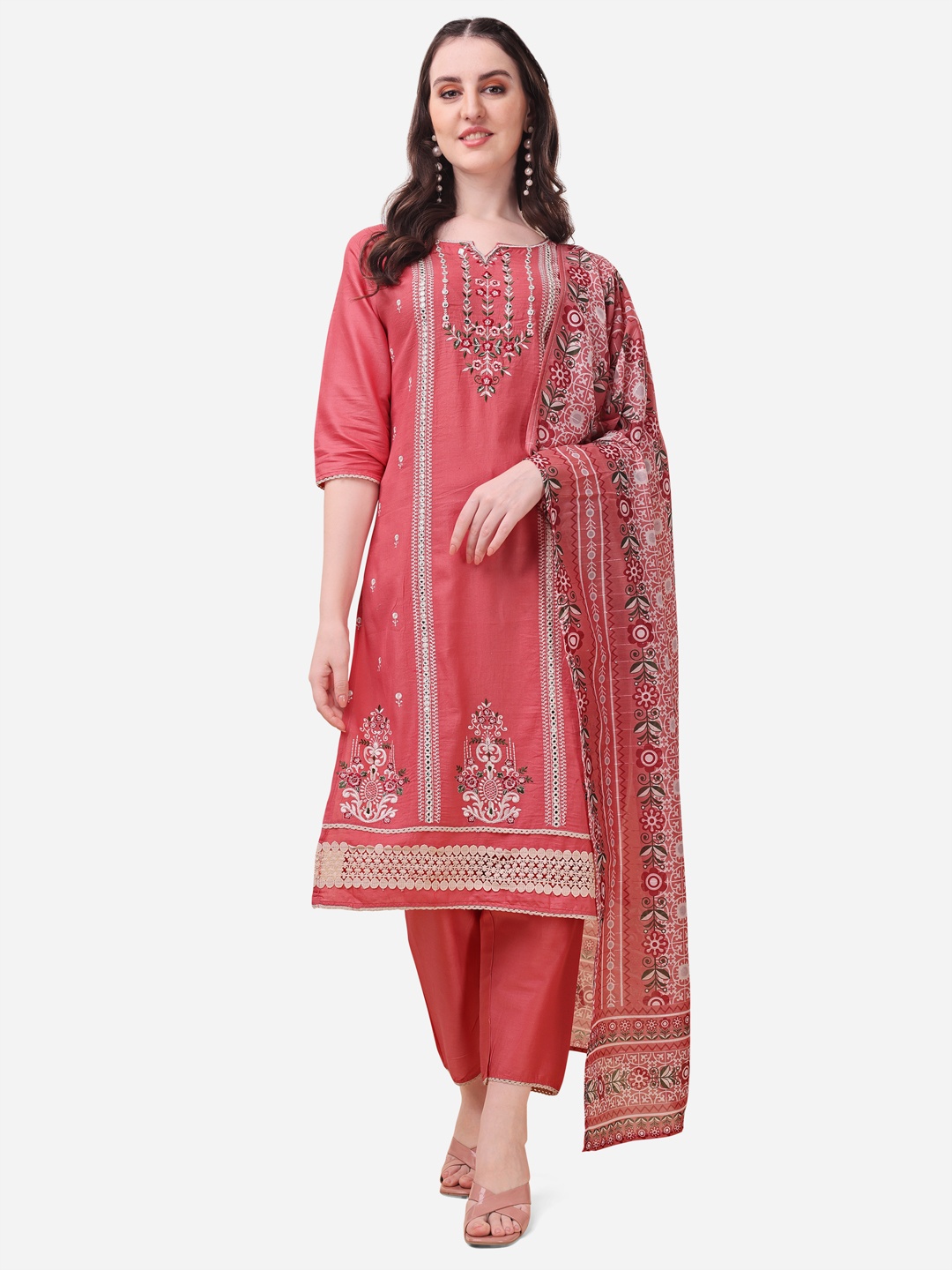 

Berrylicious Women Pink Ethnic Motifs Embroidered Kurta with Trousers & Dupatta