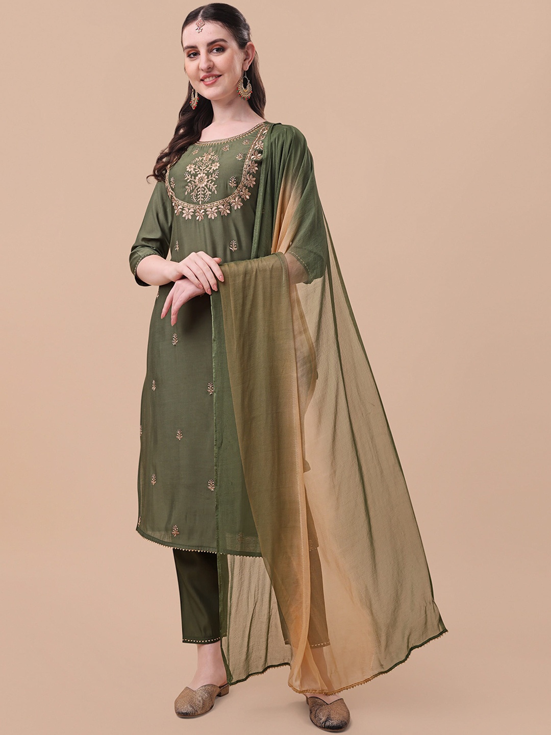 

Berrylicious Ethnic Motifs Embroidered Chanderi Cotton Kurta with Trousers & Dupatta, Olive