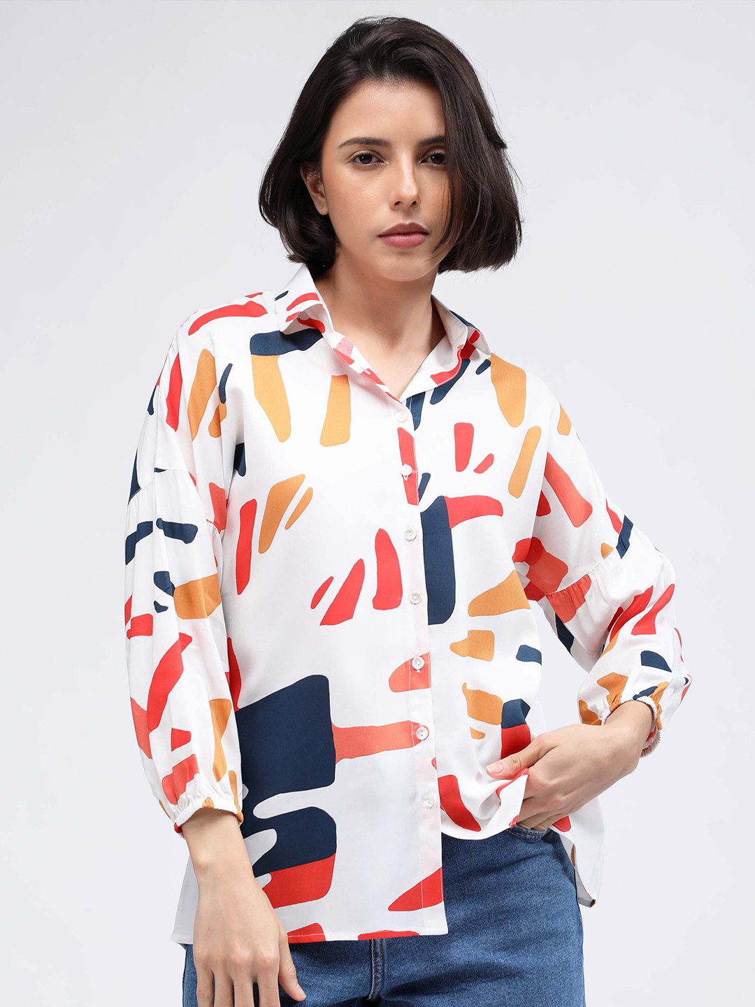 

IDK Women White & Red Printed Shirt Style Top