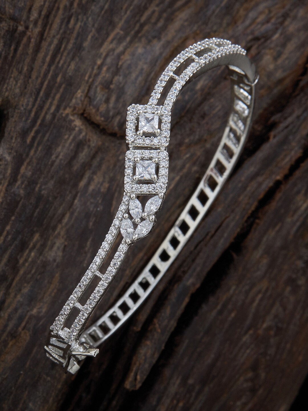 

Kushal's Fashion Jewellery Women Silver-Toned & White Rhodium-Plated Kada Bracelet