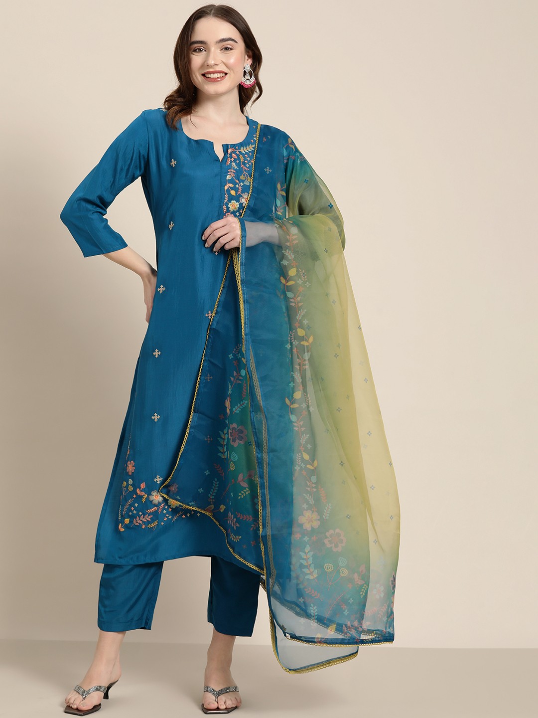 

Tikhi Imli Embroidered Thread Work Kurta with Trousers & Dupatta, Blue