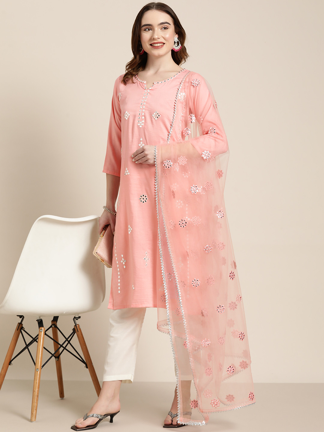 

Tikhi Imli Embroidered Mirror Work Kurta with Trousers & Dupatta, Pink