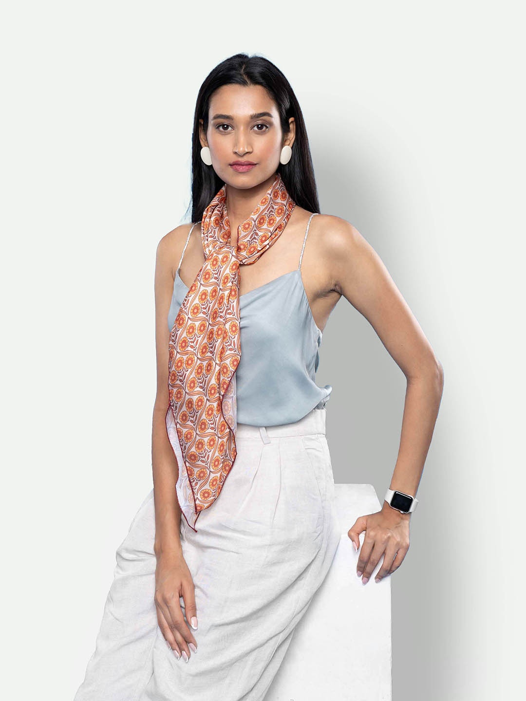 

ZOUK Women White & Orange Floral Printed Scarf