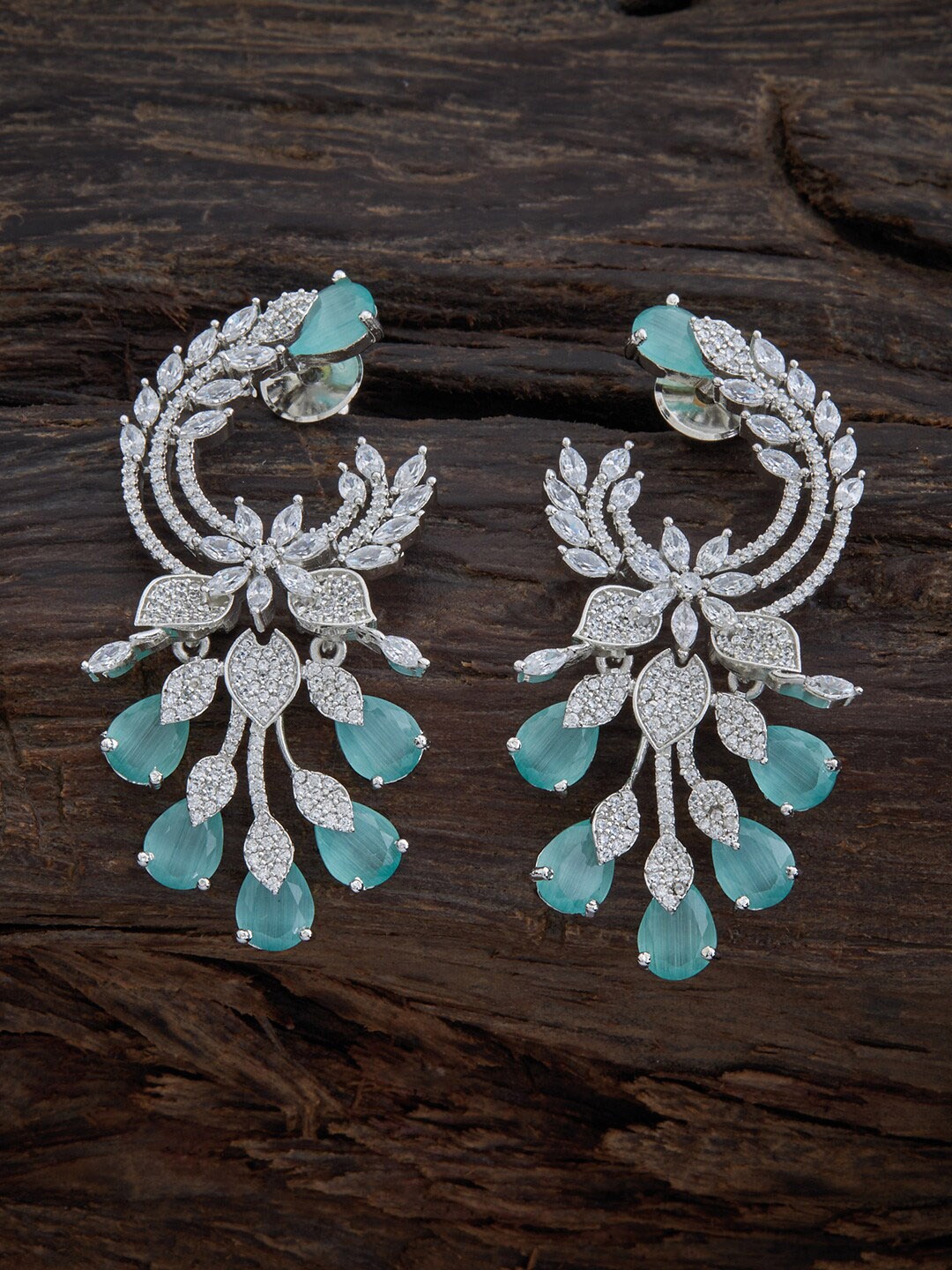 

Kushal's Fashion Jewellery Sea Green & White Rhodium-Plated Floral Drop Earrings