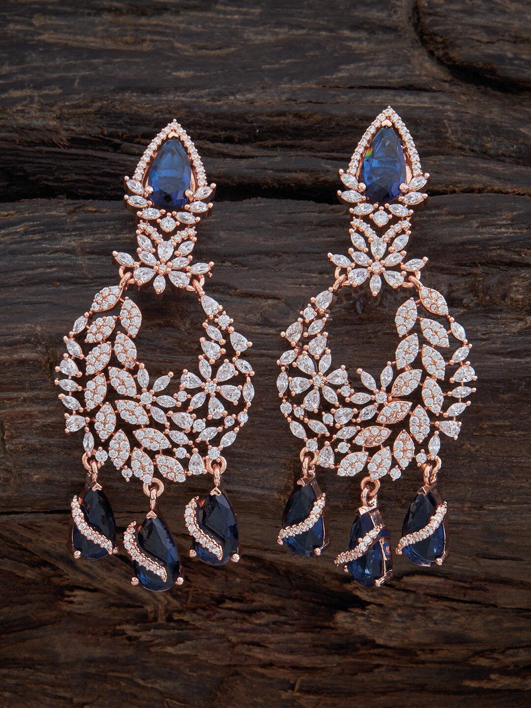 

Kushal's Fashion Jewellery Navy Blue & White Rose Gold-Plated Floral Drop Earrings