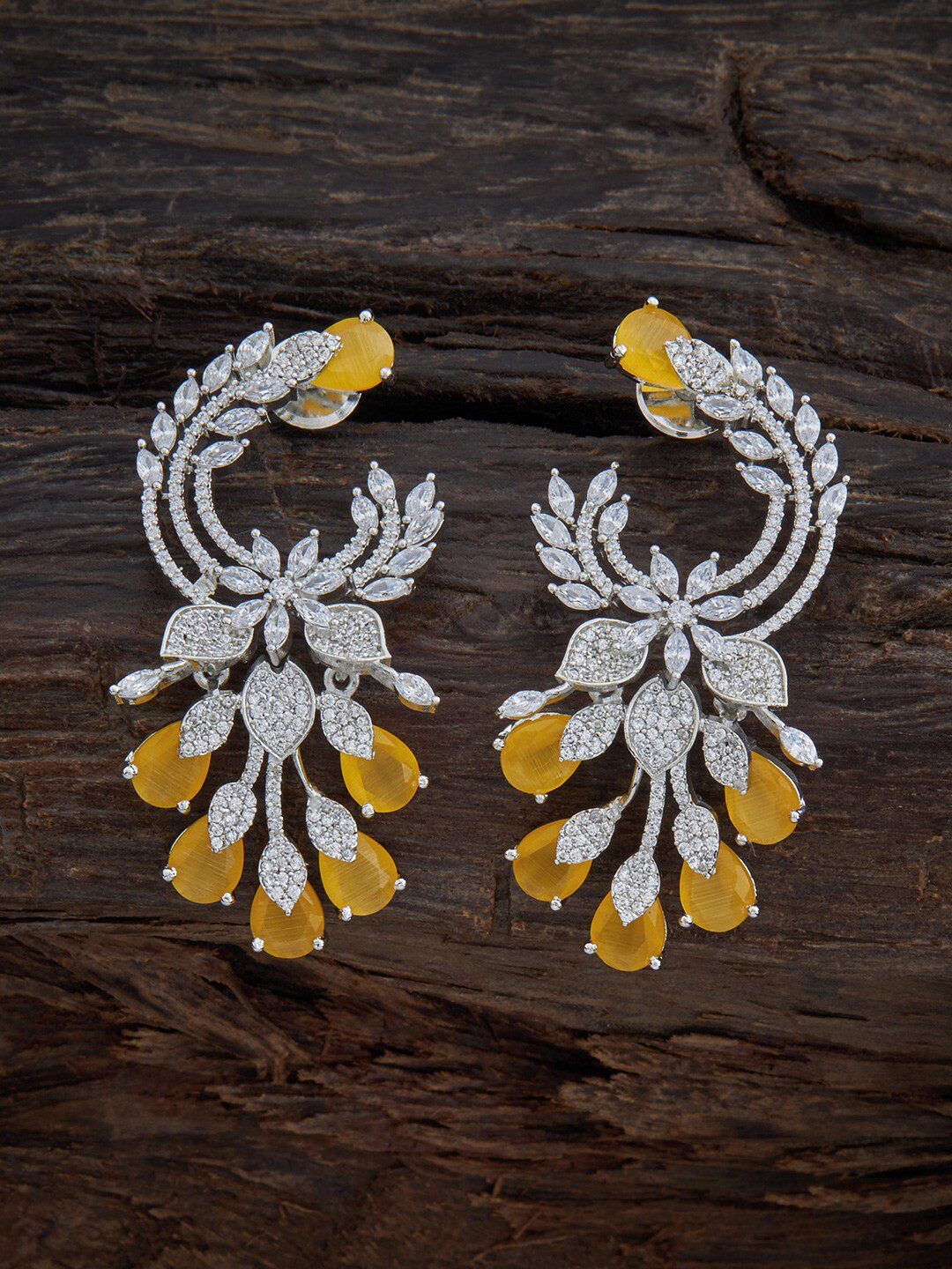 

Kushal's Fashion Jewellery Yellow & White Rhodium-Plated Floral Drop Earrings