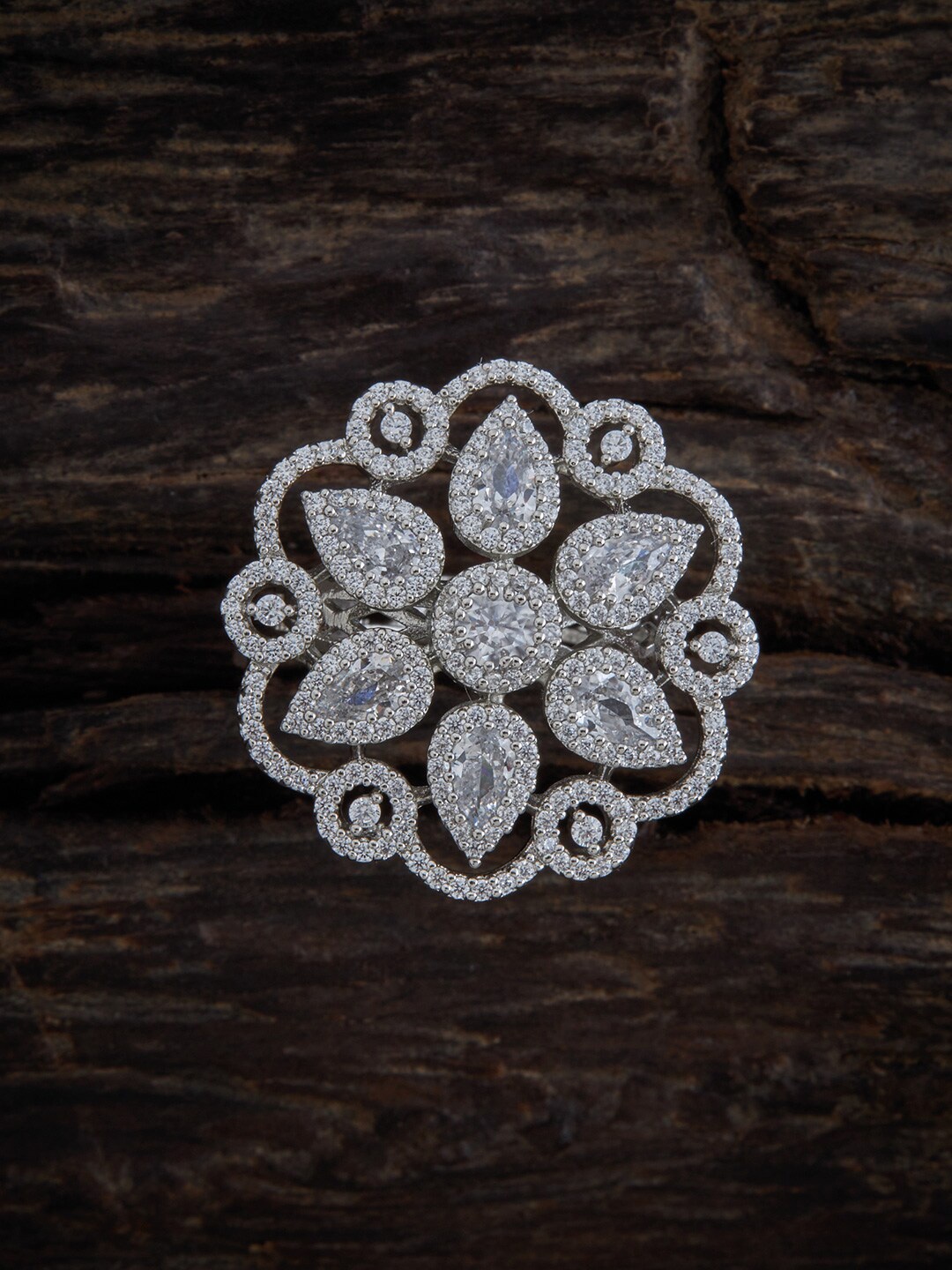 

Kushal's Fashion Jewellery Rhodium-Plated Silver-Toned White CZ Stone-Studded Adjustable Finger Ring