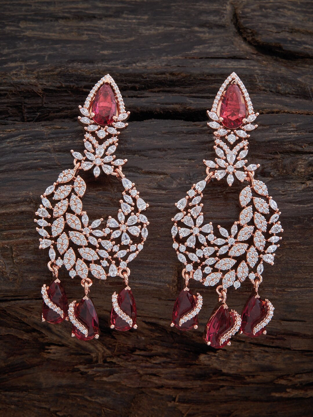 

Kushal's Fashion Jewellery White & Maroon Rose Gold-Plated Floral Drop Earrings