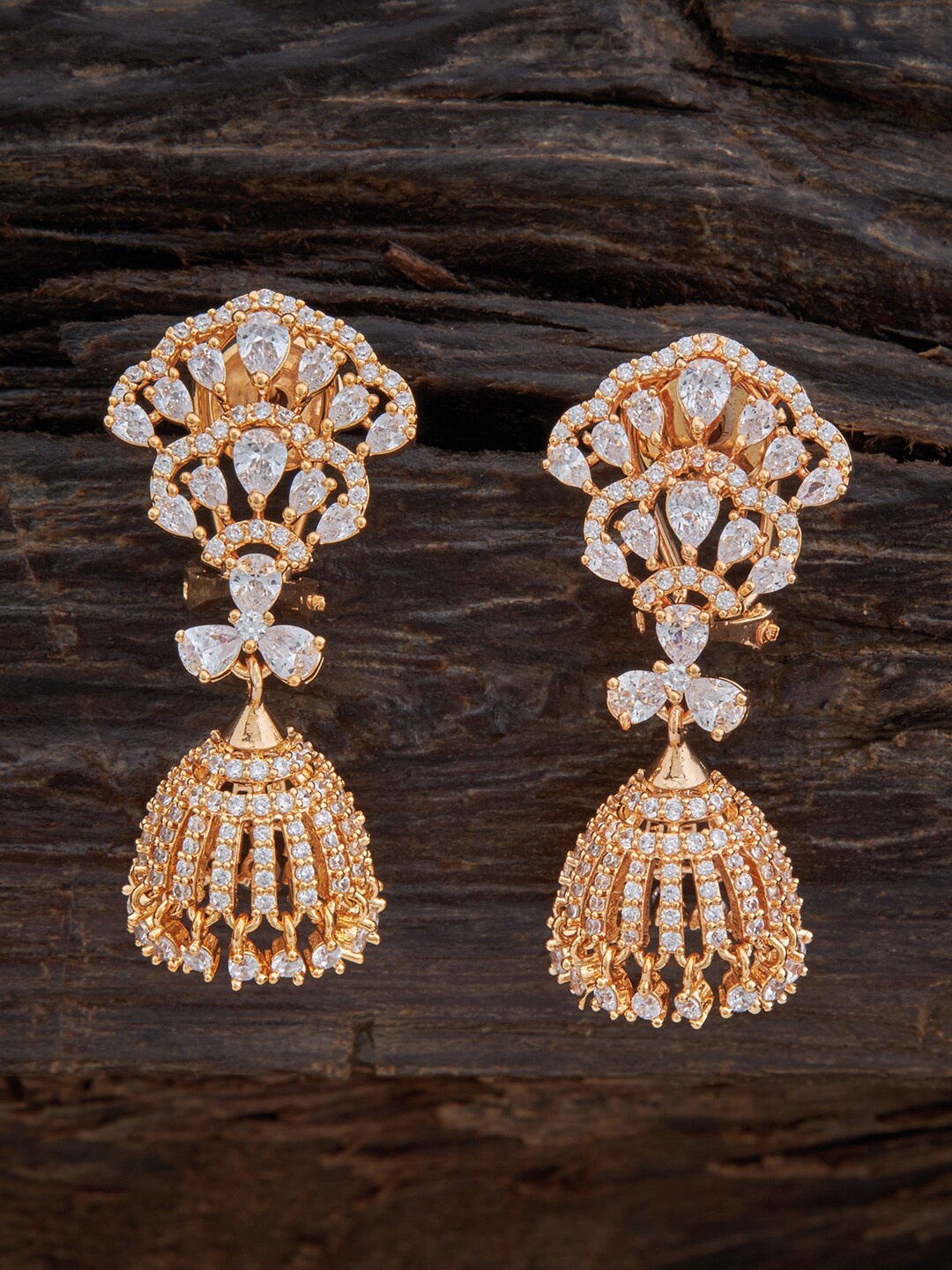 

Kushal's Fashion Jewellery White & Gold-Plated Contemporary Jhumkas Earrings