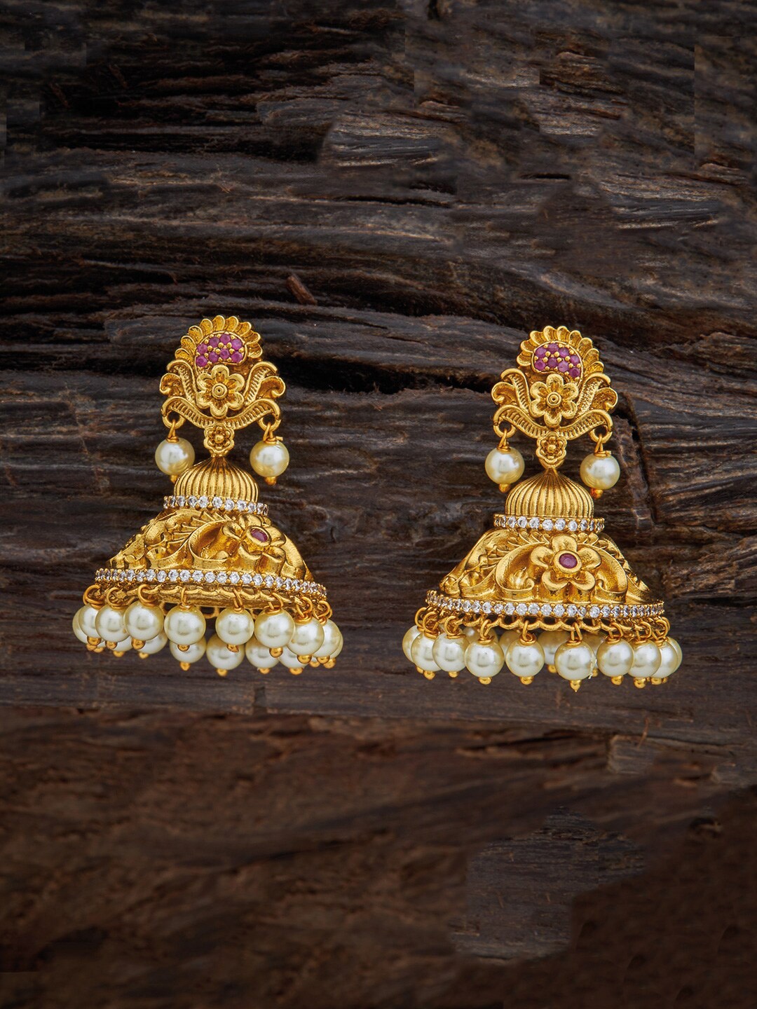 

Kushal's Fashion Jewellery White & Pink Gold-Plated Classic Jhumkas Earrings