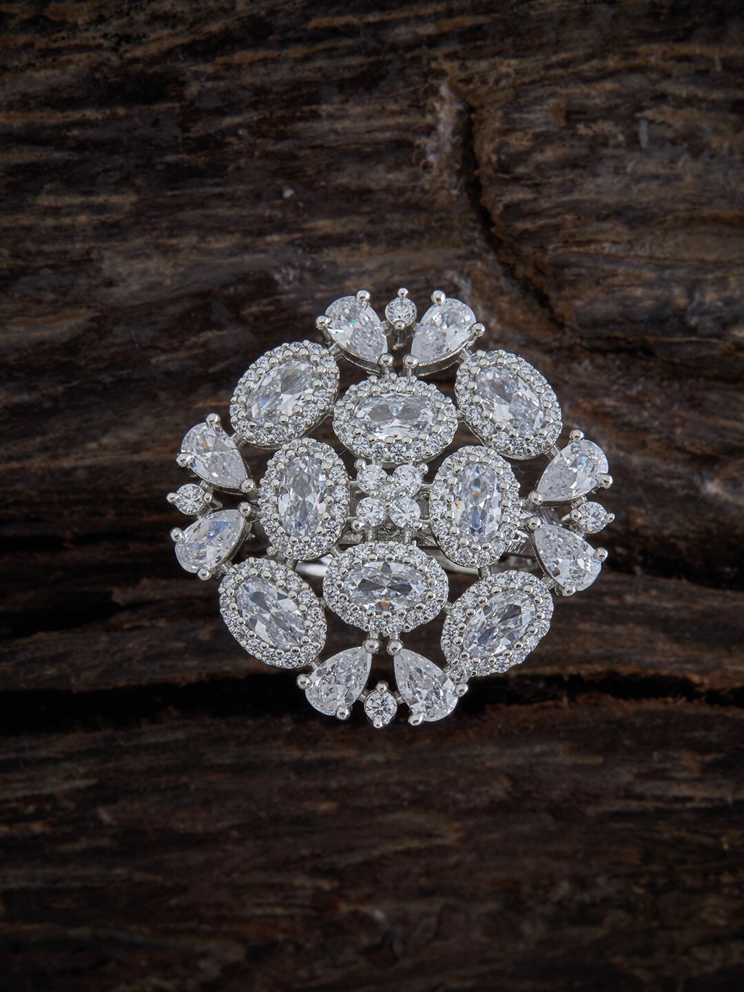 

Kushals Fashion Jewellery Rhodium-Plated White CZ Studded & Beaded Finger Ring