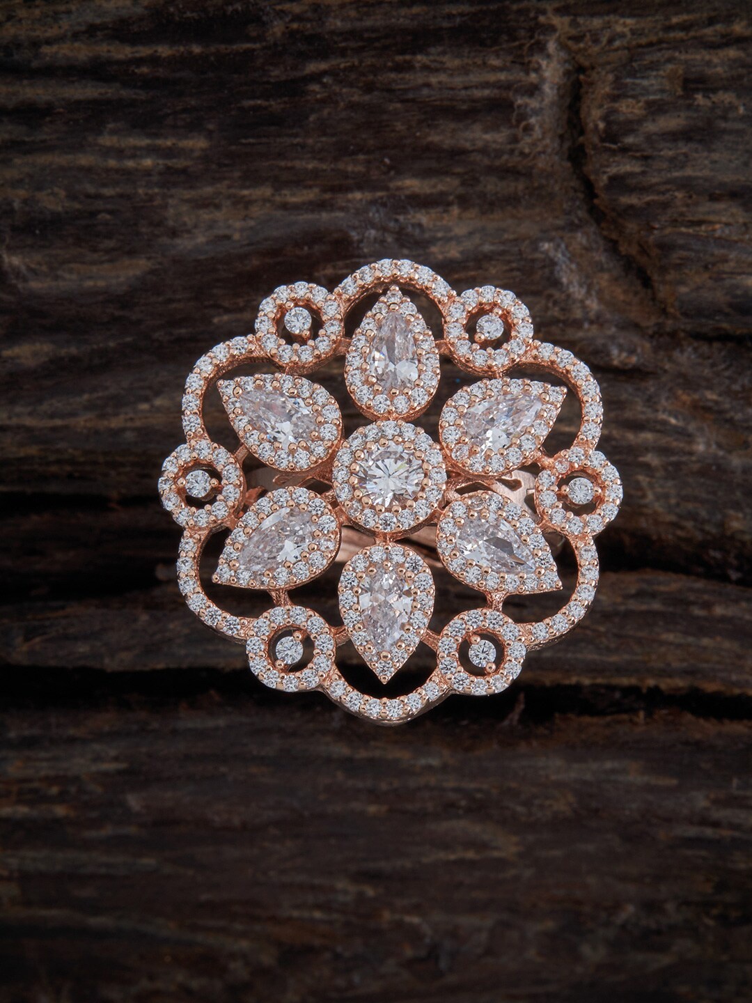 

Kushals Fashion Jewellery Rose Gold-Plated White CZ Studded Adjustable Finger Ring