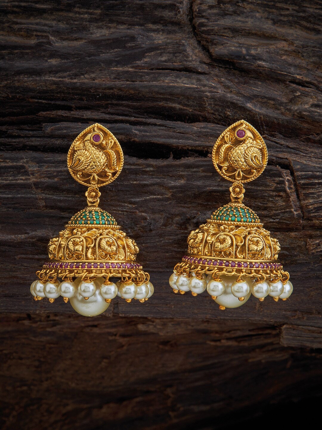 

Kushal's Fashion Jewellery White & Green Gold-Plated Peacock Shaped Jhumkas Earrings