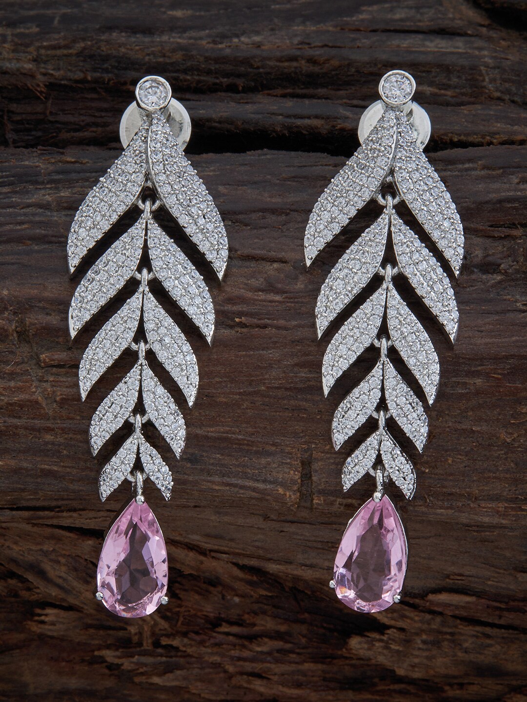 

Kushal's Fashion Jewellery Silver-Toned & White CZ Studded Rhodium-Plated Drop Earrings