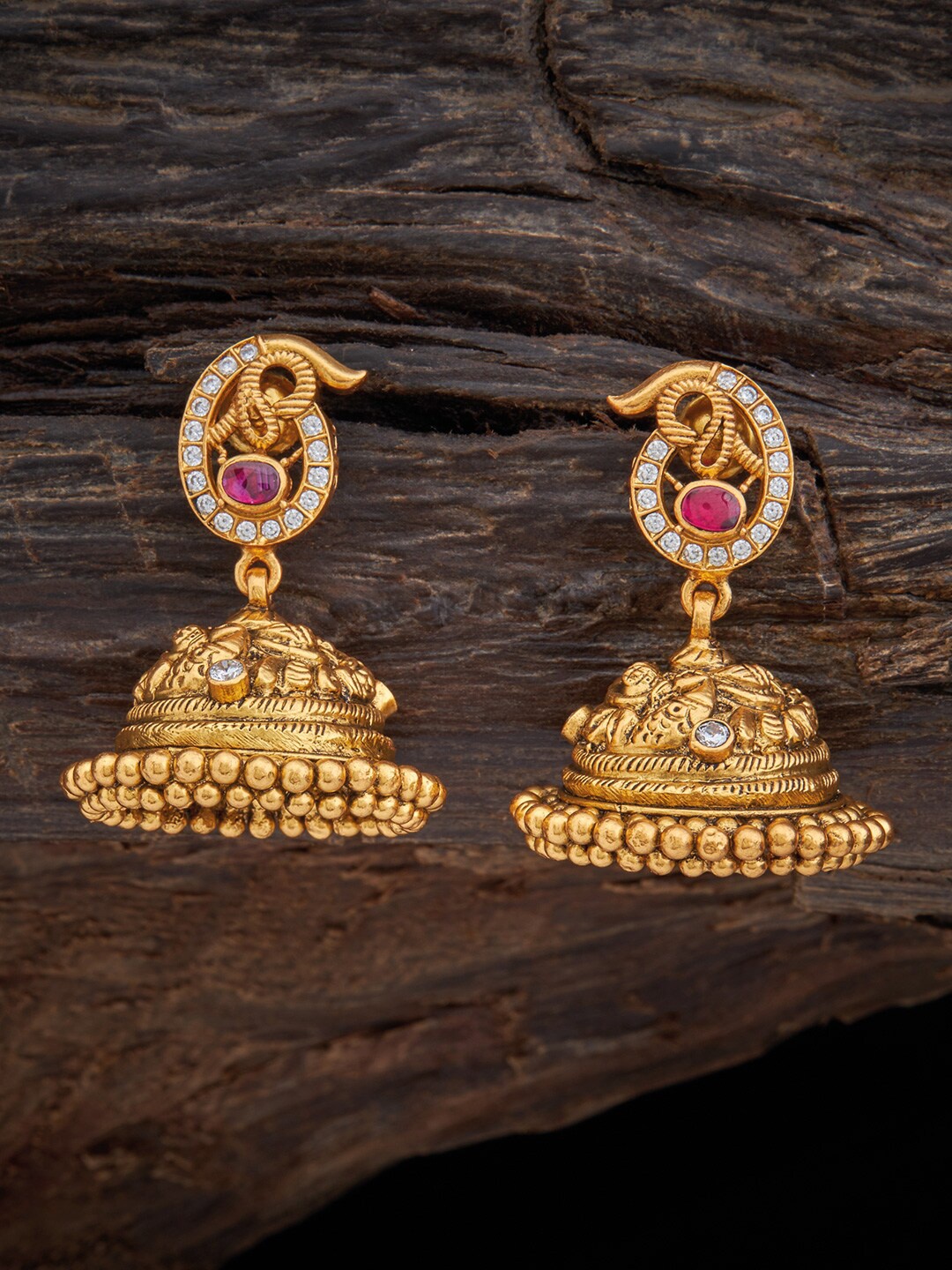 

Kushal's Fashion Jewellery Gold-Toned & Pink Rhodium-Plated Dome Shaped Jhumkas Earrings