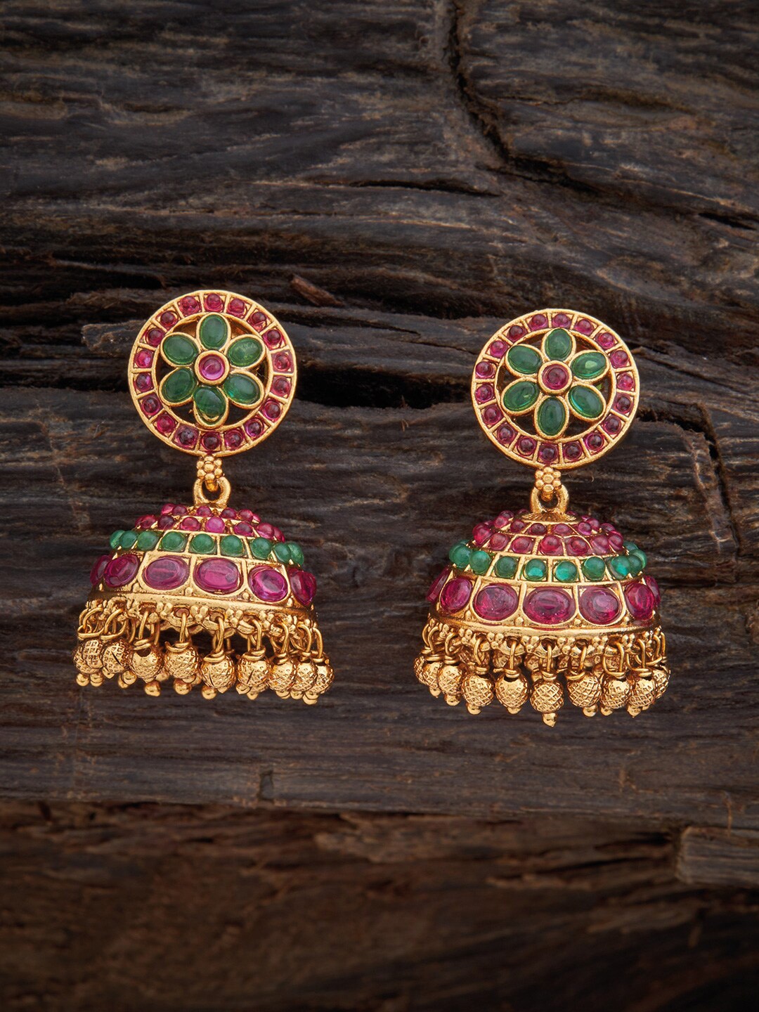 

Kushal's Fashion Jewellery Gold-Toned & Green Dome Shaped Jhumkas Earrings