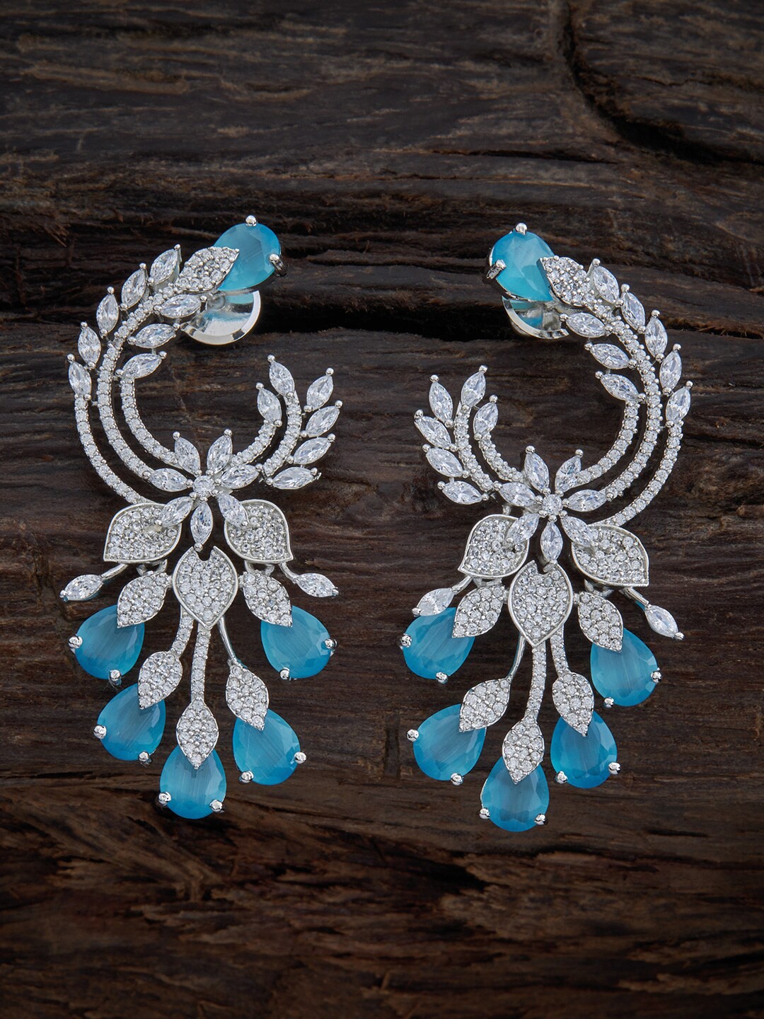 

Kushal's Fashion Jewellery Silver-Toned & Blue CZ Studded Rhodium-Plated Drop Earrings