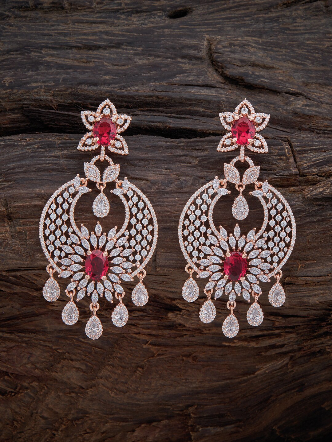 

Kushal's Fashion Jewellery Rose Gold-Toned & Red CZ Studded Rose Gold-Plated Drop Earrings