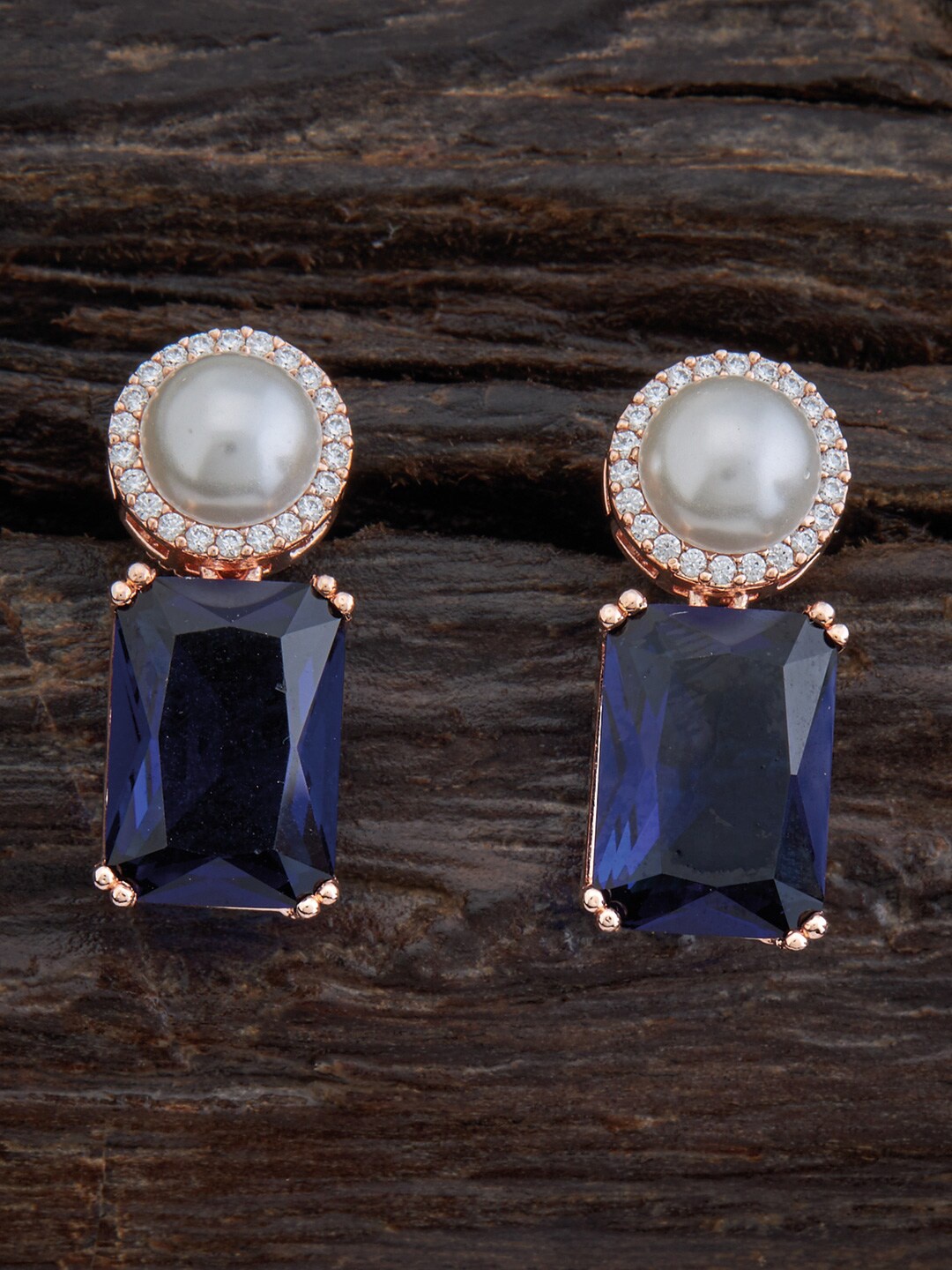 

Kushal's Fashion Jewellery Blue & White CZ Studded Rose Gold-Plated Drop Earrings