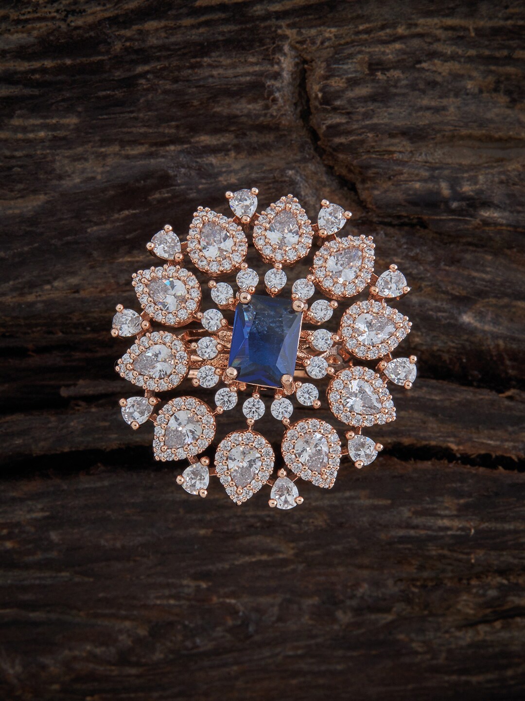 

Kushals Fashion Jewellery Rose Gold-Plated Blue CZ-Studded Adjustable Finger Ring