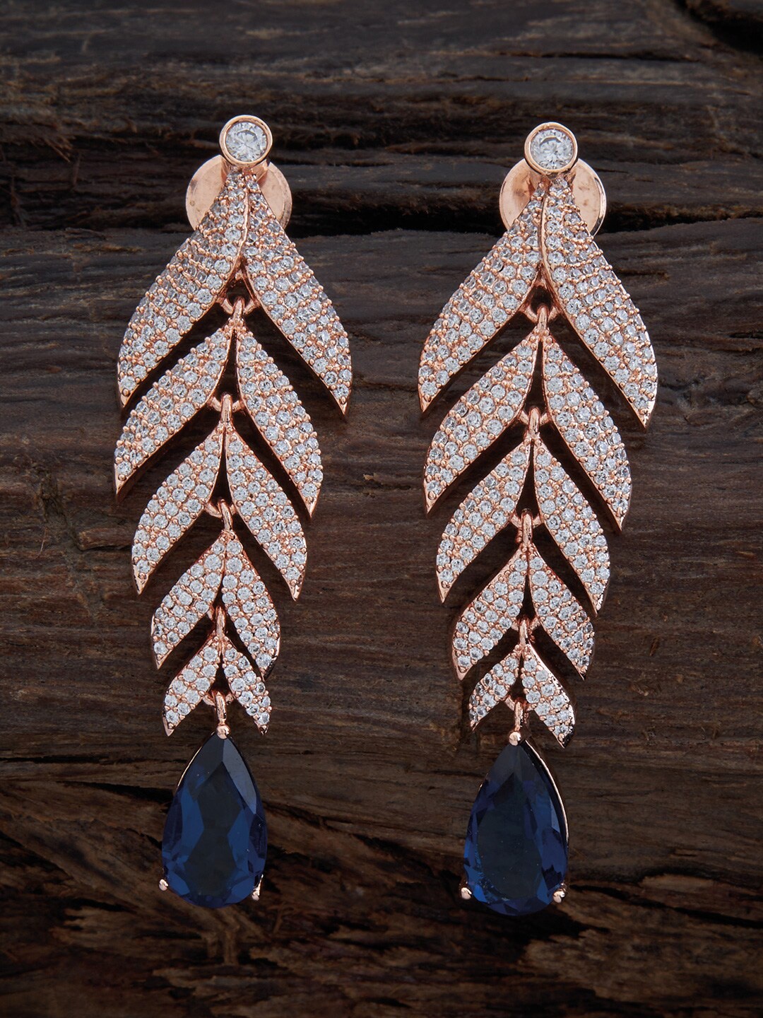 

Kushal's Fashion Jewellery Rose-Gold Plated Blue Leaf Shaped Drop Earrings