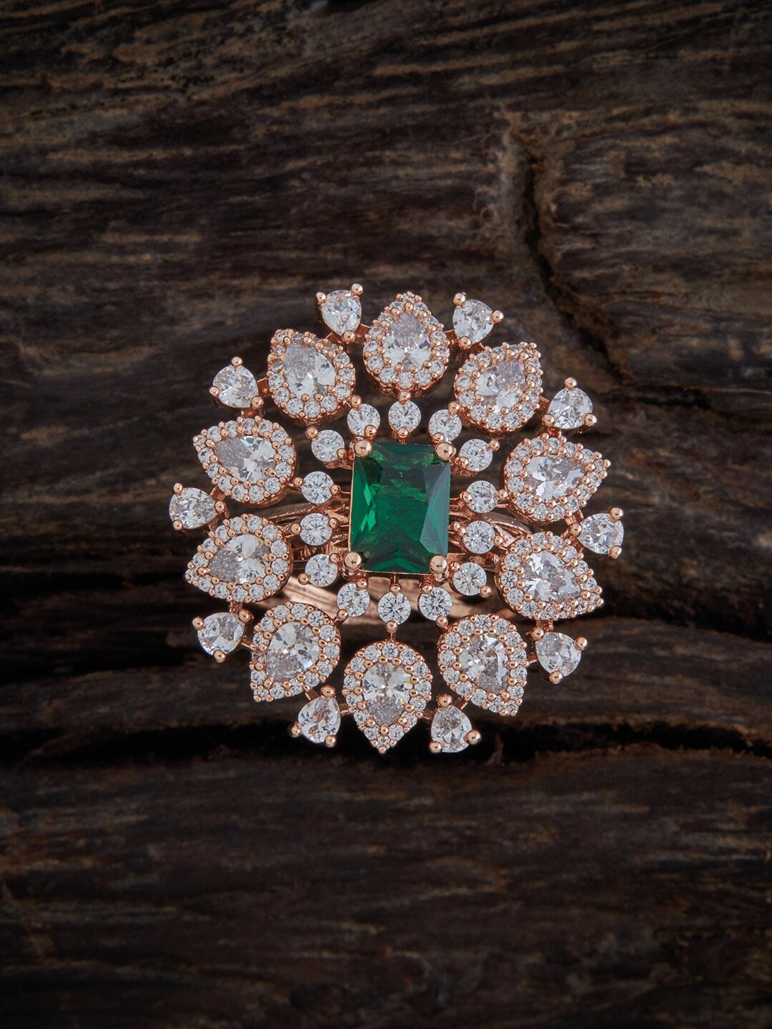 

Kushals Fashion Jewellery Rose Gold-Plated White & Green CZ-Studded Adjustable Finger Ring