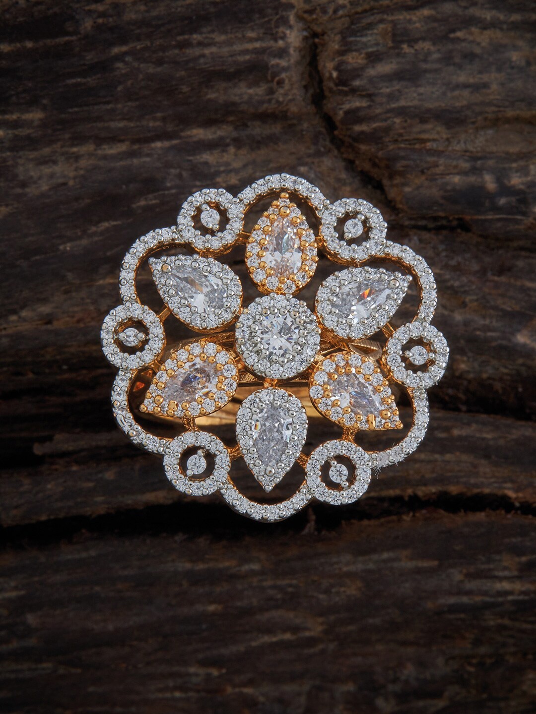

Kushal's Fashion Jewellery Gold-Plated White CZ-Studded Adjustable Finger Ring