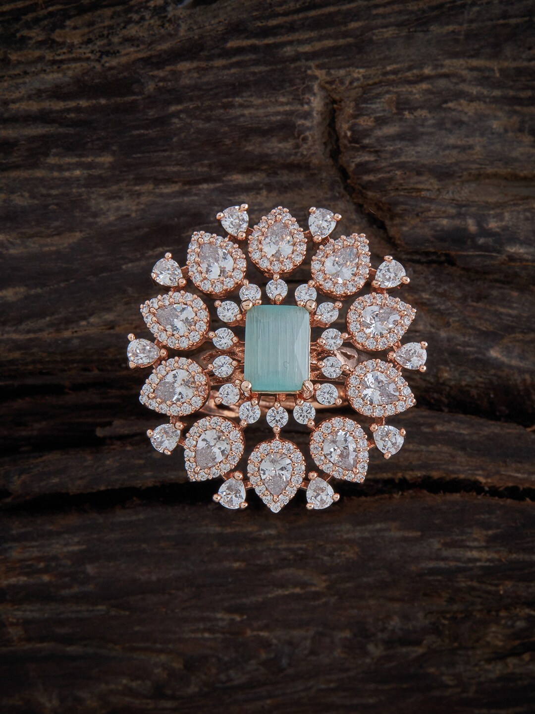 

Kushal's Fashion Jewellery Rose Gold-Plated & Sea Green CZ Studded Adjustable Finger Ring