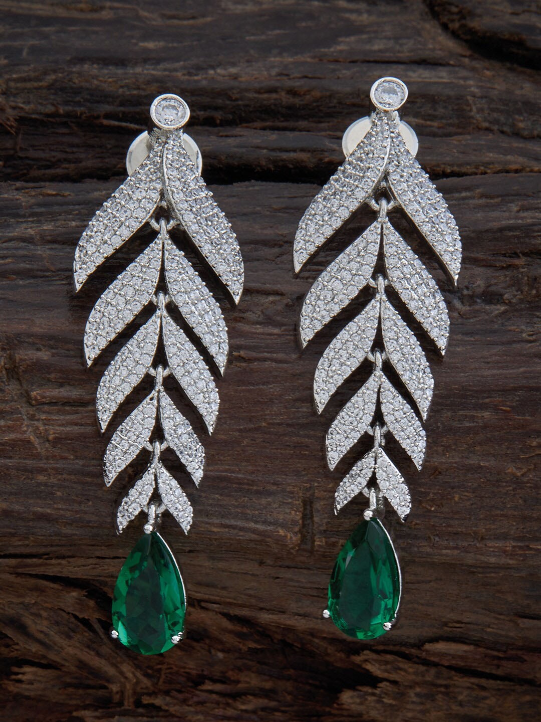 

Kushals Fashion Jewellery Green & White Rhodium Plated Leaf Shaped Drop Earrings