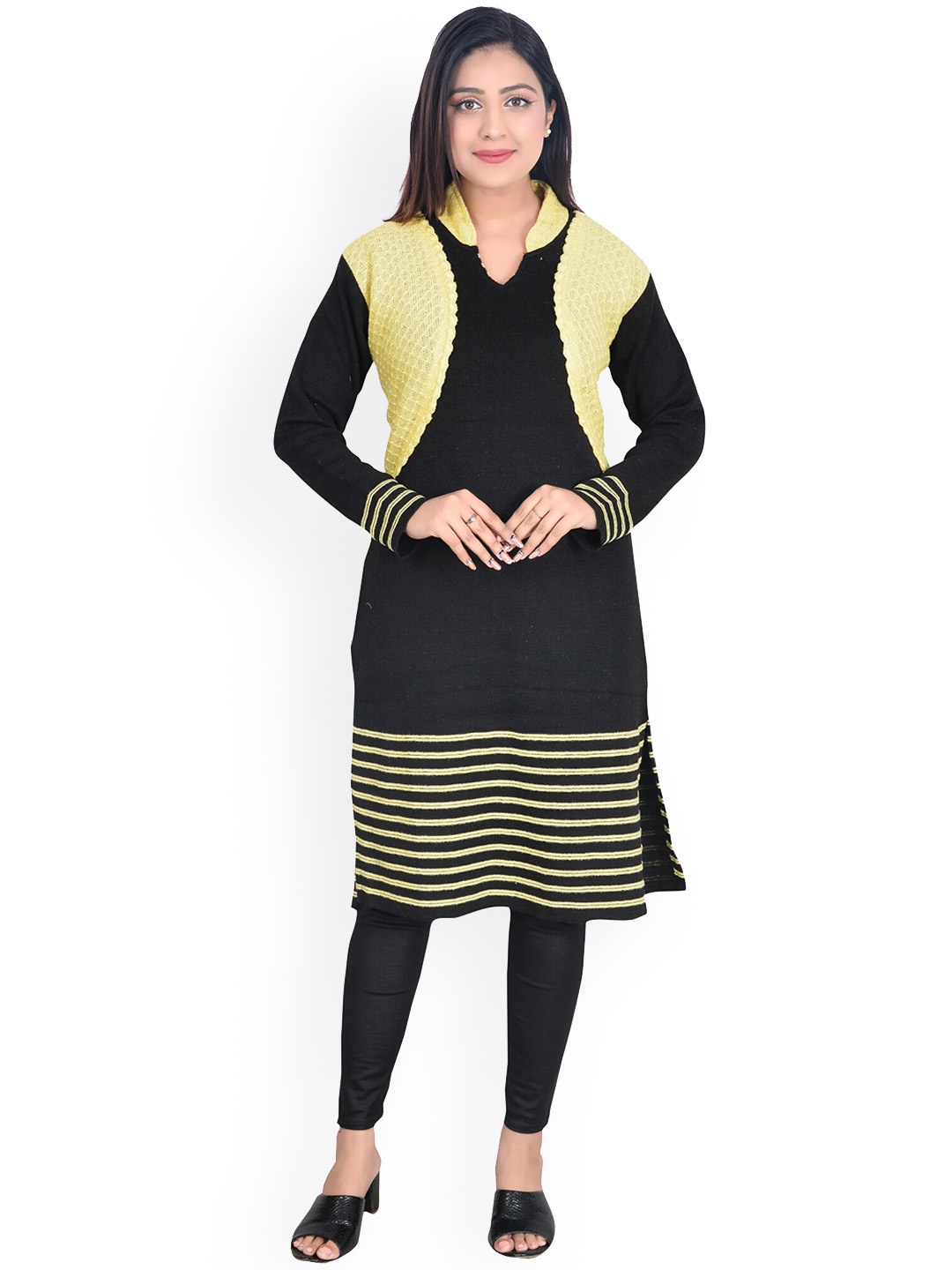 

ahhaaaa Women Black & Yellow Woven Design Knitted Kurta