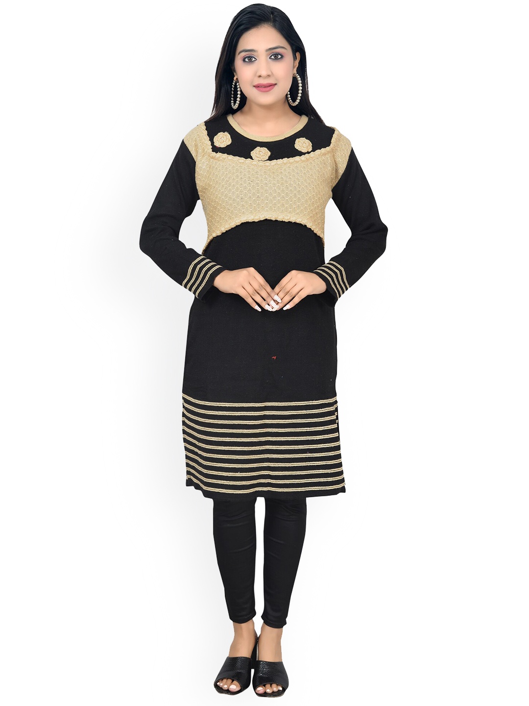 

ahhaaaa Women Black & Beige Woven Design Kurta