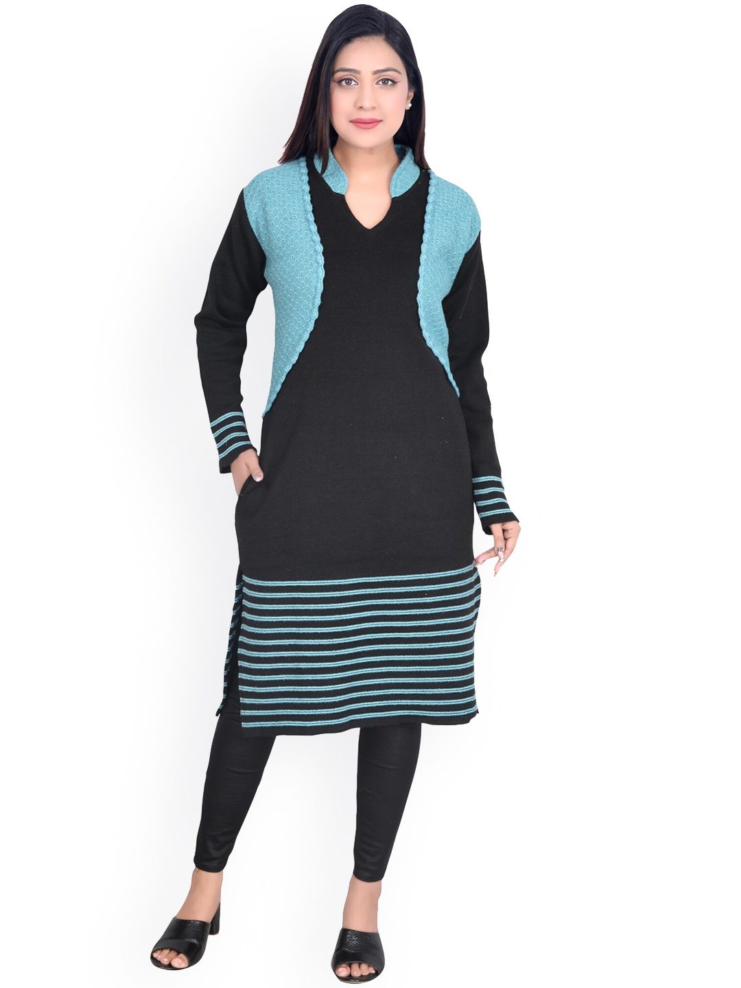 

ahhaaaa Women Black & Turquoise Blue Woven Design Knitted Kurta