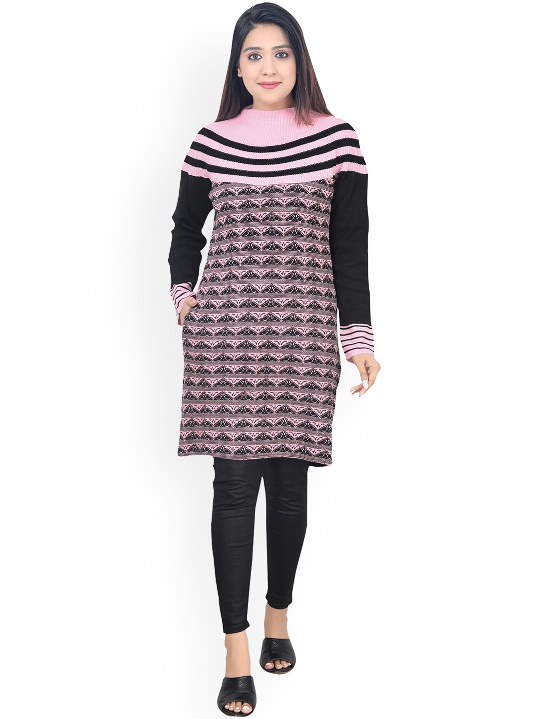 

ahhaaaa Women Pink & Black Woven Design Knitted Kurta
