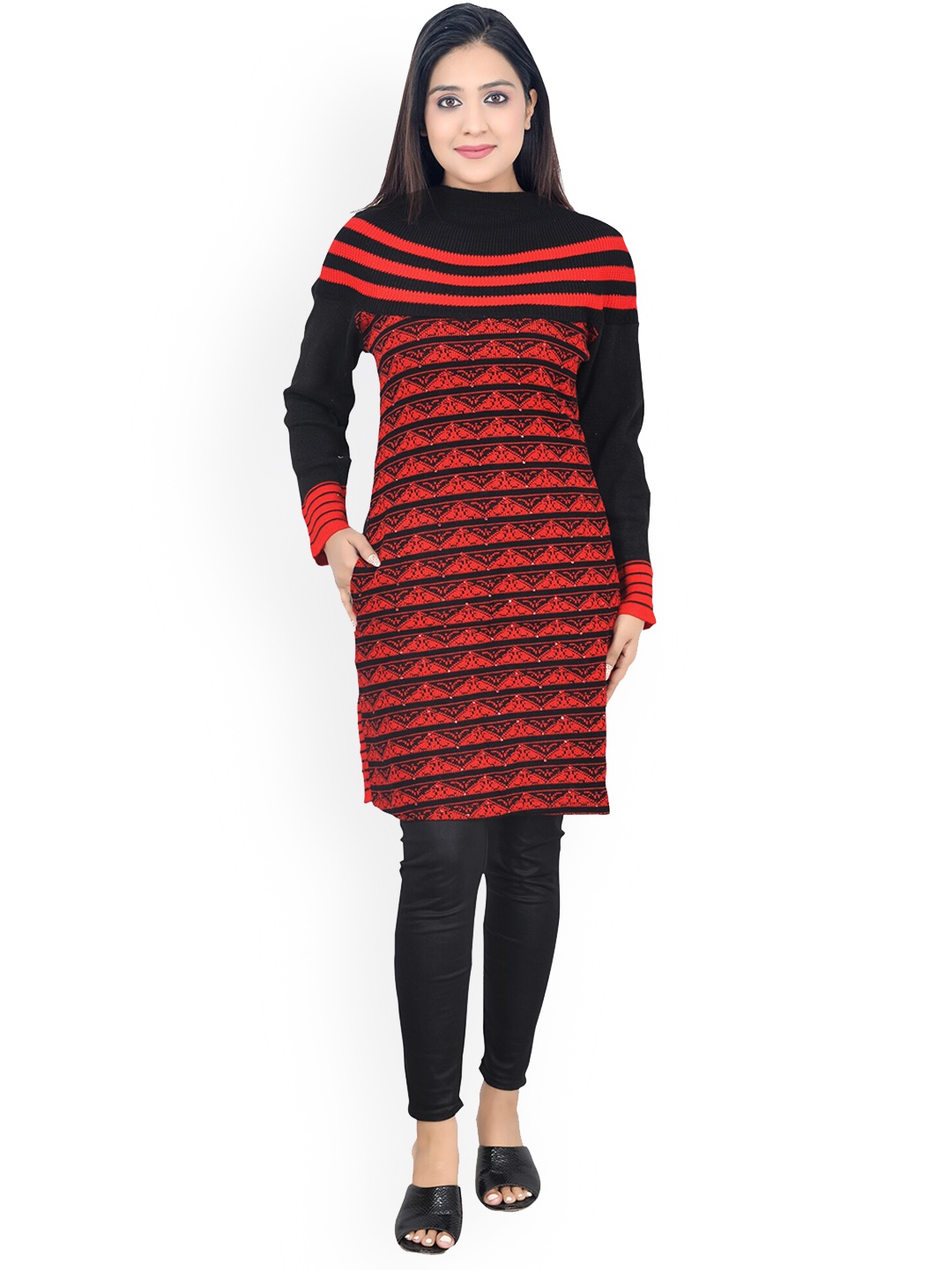 

ahhaaaa Women Red & Black Woven Design Knitted Kurta