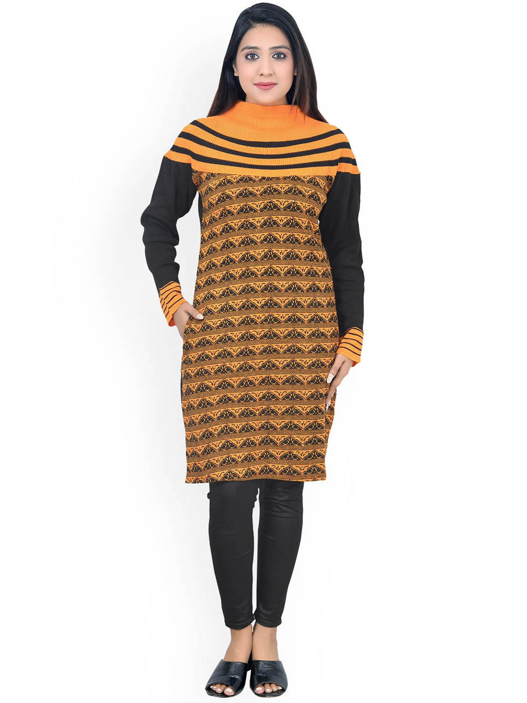 

ahhaaaa Women Mustard Yellow & Black Woven Design Knitted Kurta