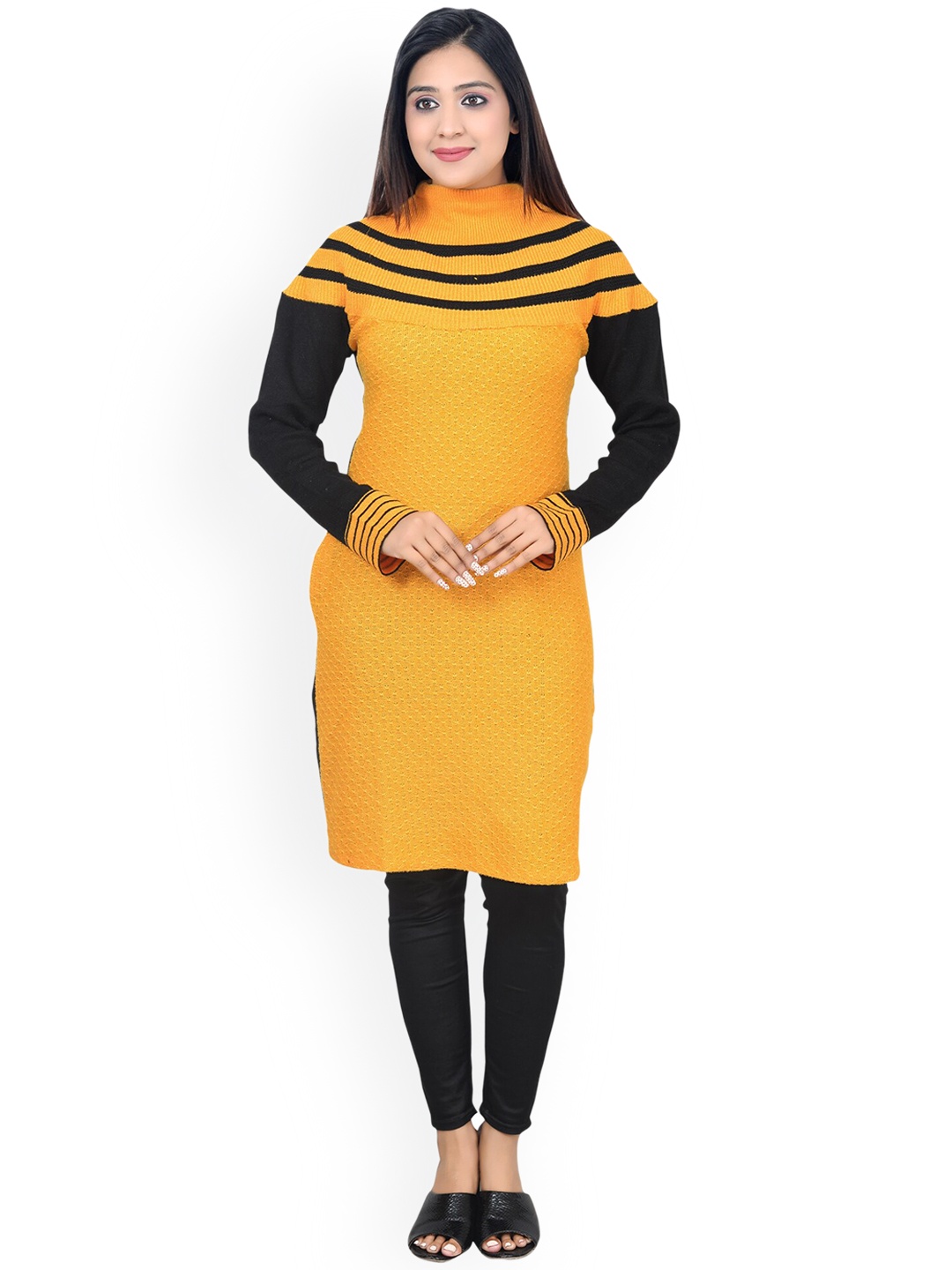 

ahhaaaa Women Mustard Yellow & Black Colourblocked Knitted Kurta