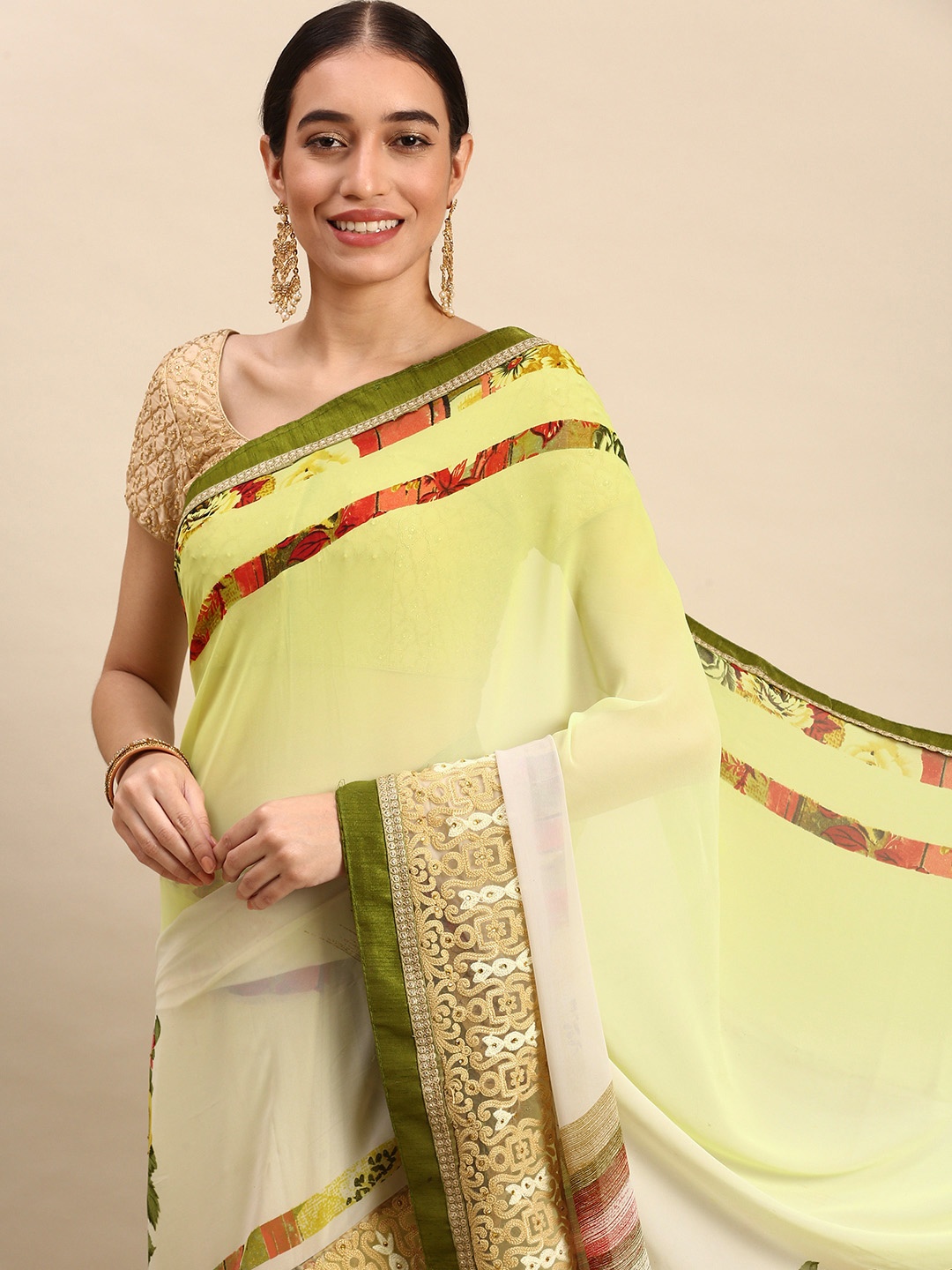 

SANGAM PRINTS Floral Pure Georgette Saree, Yellow