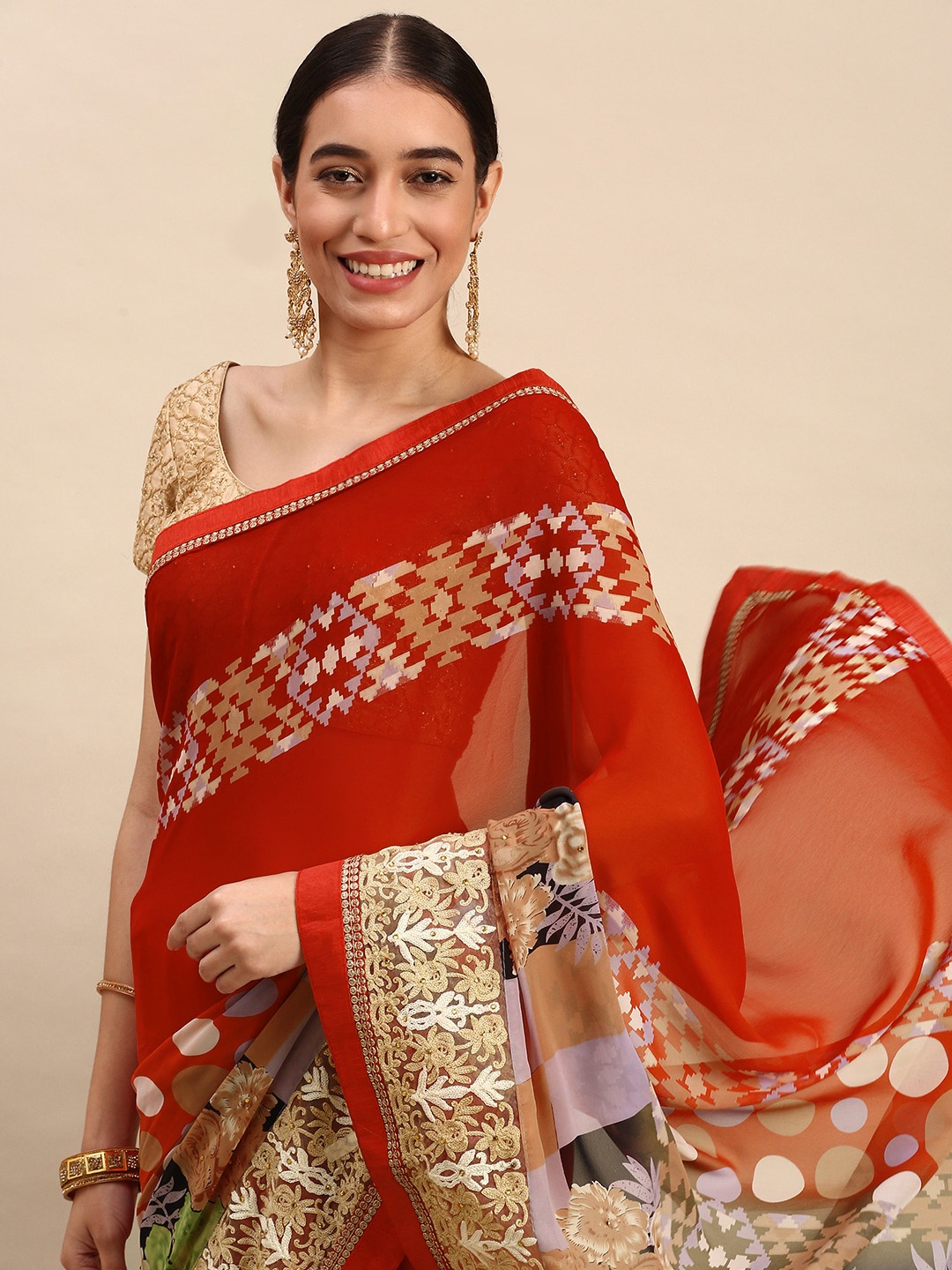 

SANGAM PRINTS Ethnic Motifs Pure Georgette Saree, Red